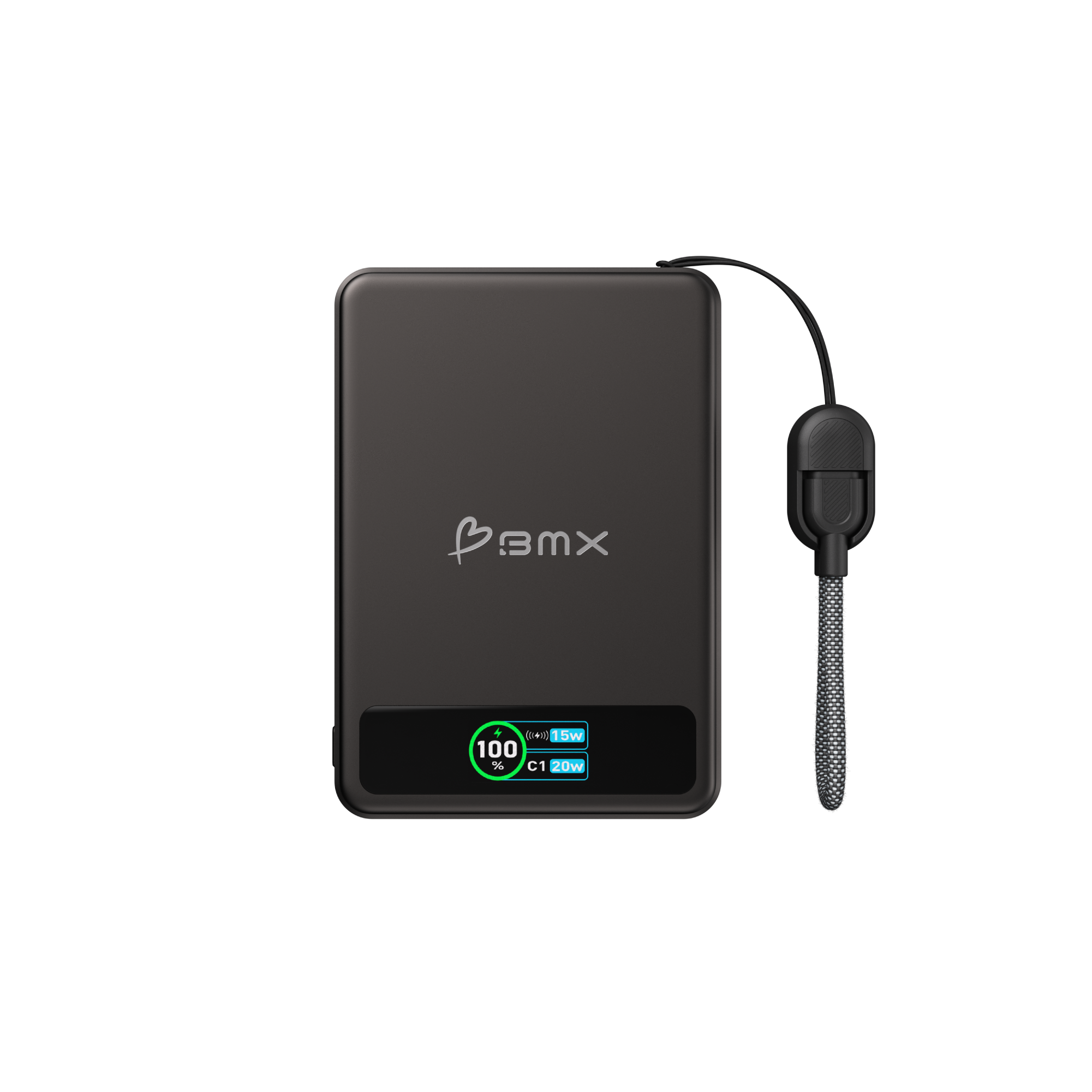 BMX SolidSafe 5K Black -- front view of 5000mAh semi-solid-state power bank with LCD showing Qi2 15W output and built-in U...
