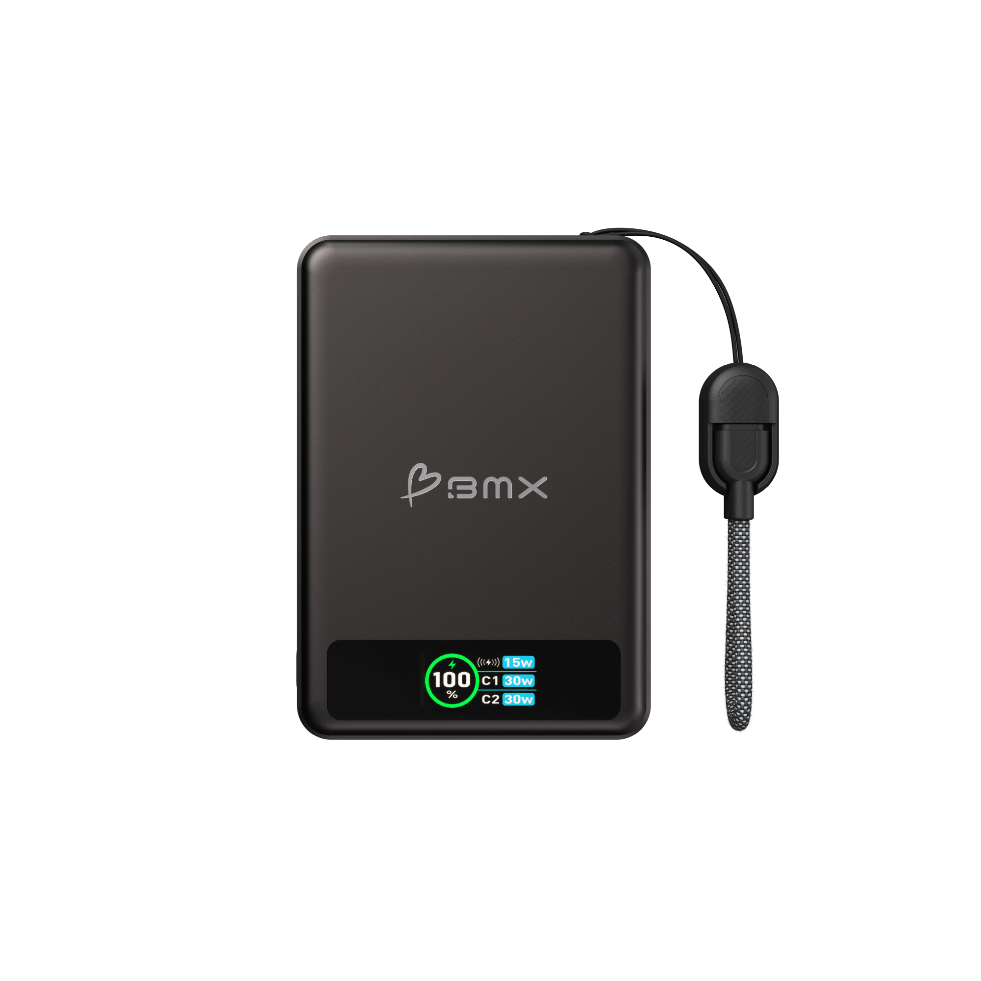 BMX SolidSafe 10K Black -- front view of 10000mAh semi-solid-state power bank with LCD showing dual USB-C 30W output