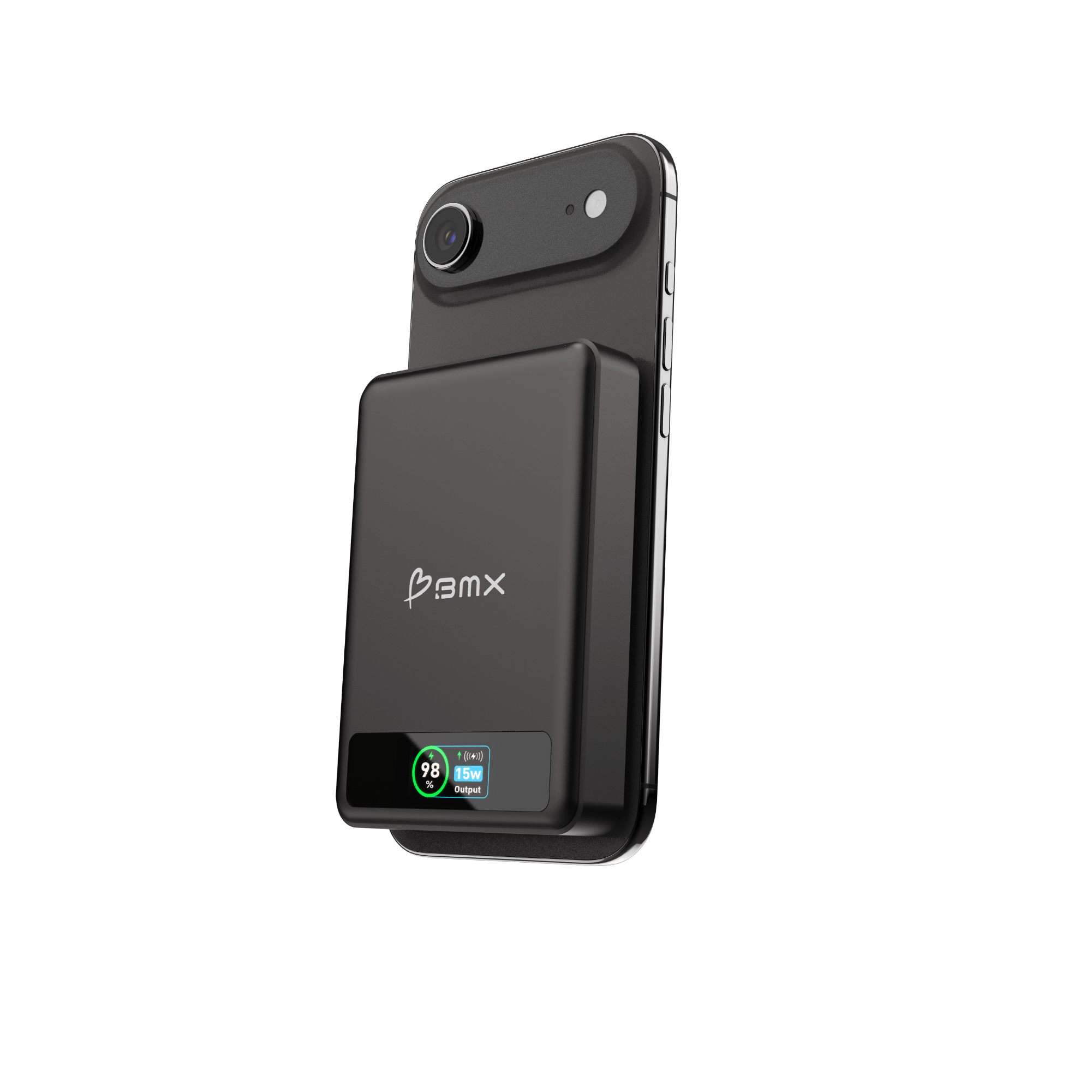 BMX SolidSafe 10K Black -- angled view of 10000mAh semi-solid-state magnetic power bank with full-color LCD