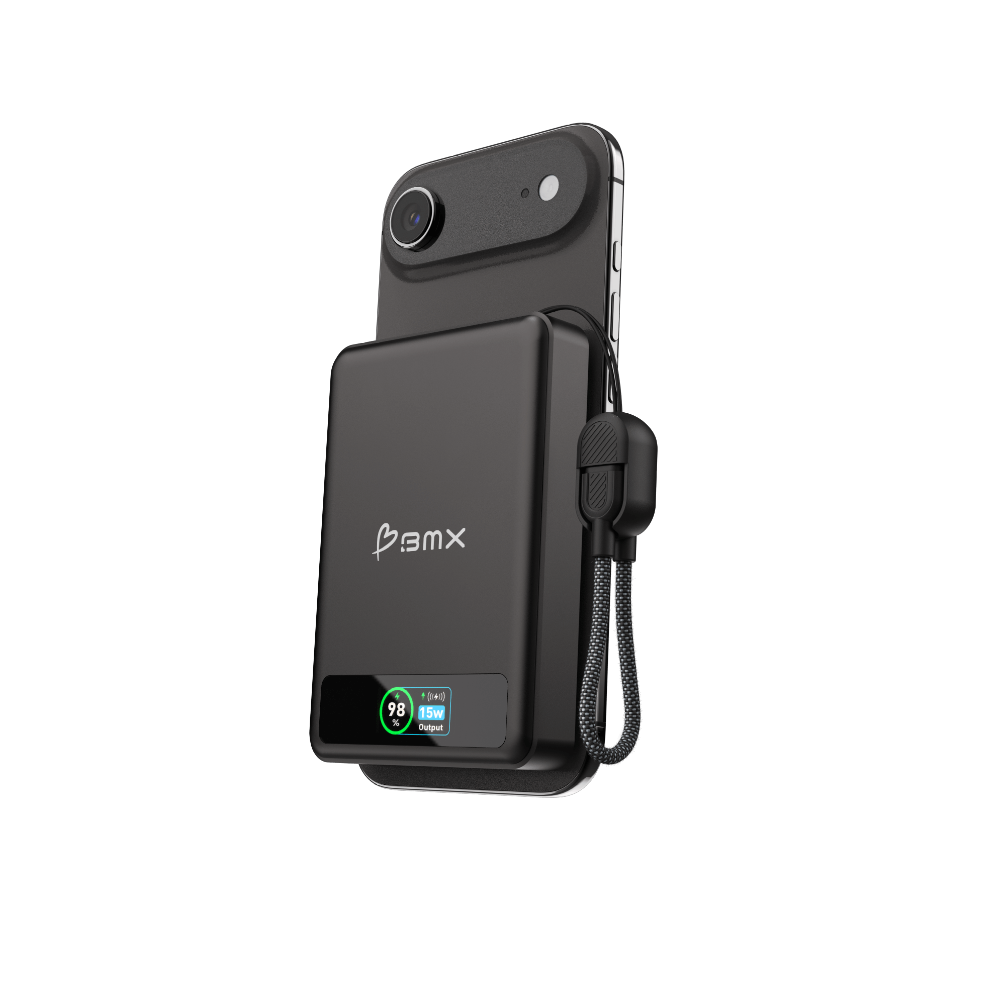BMX SolidSafe 10K power bank with dual USB-C ports, built-in cable, and LCD display
