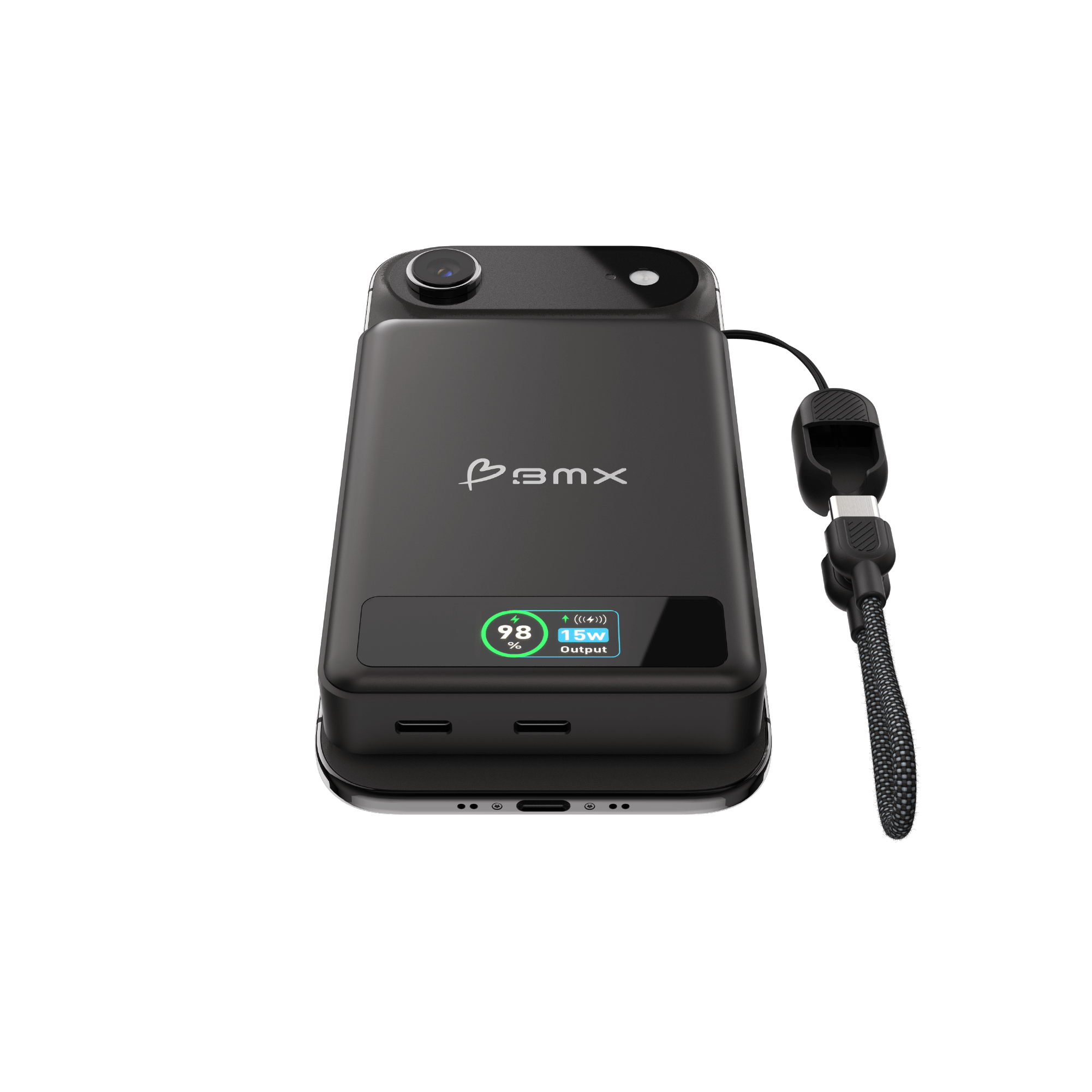 BMX SolidSafe 10K Black -- lying flat charging iPhone, LCD showing 15W wireless output
