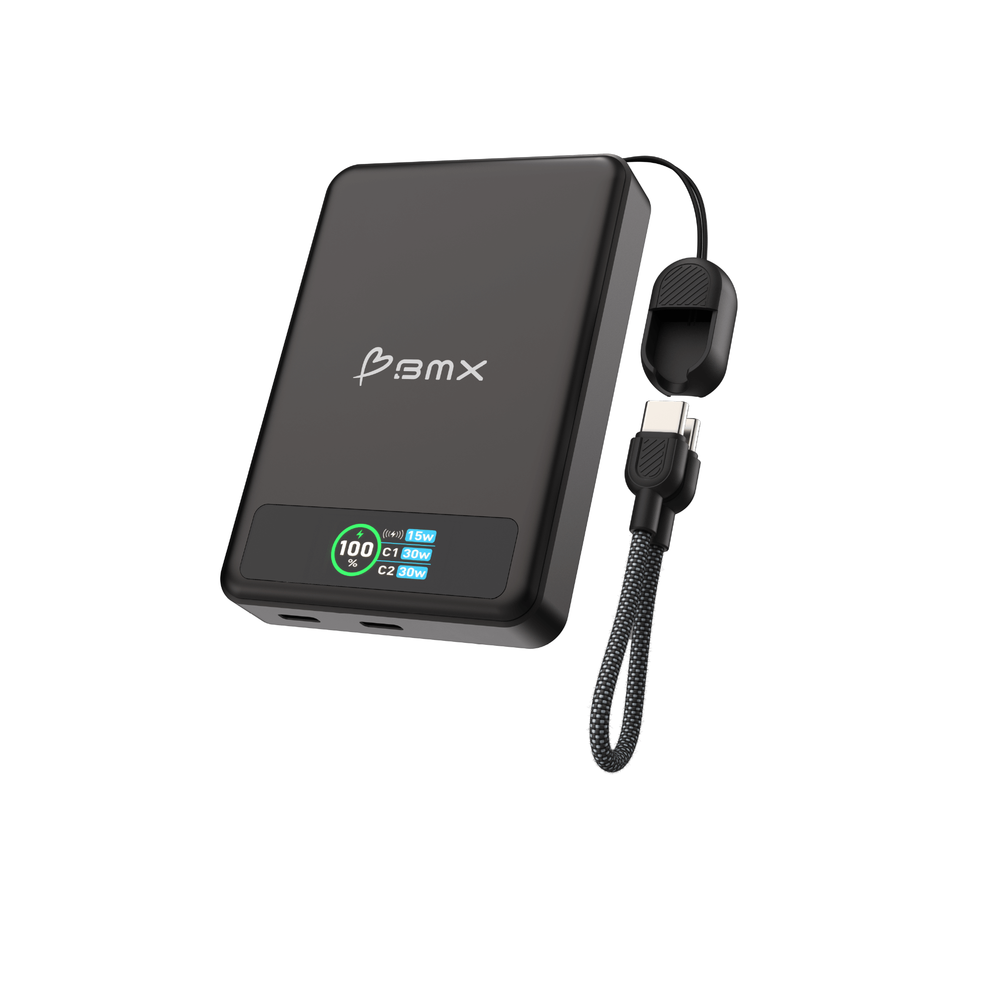BMX SolidSafe 10K Black -- side profile showing dual USB-C ports and built-in lanyard cable