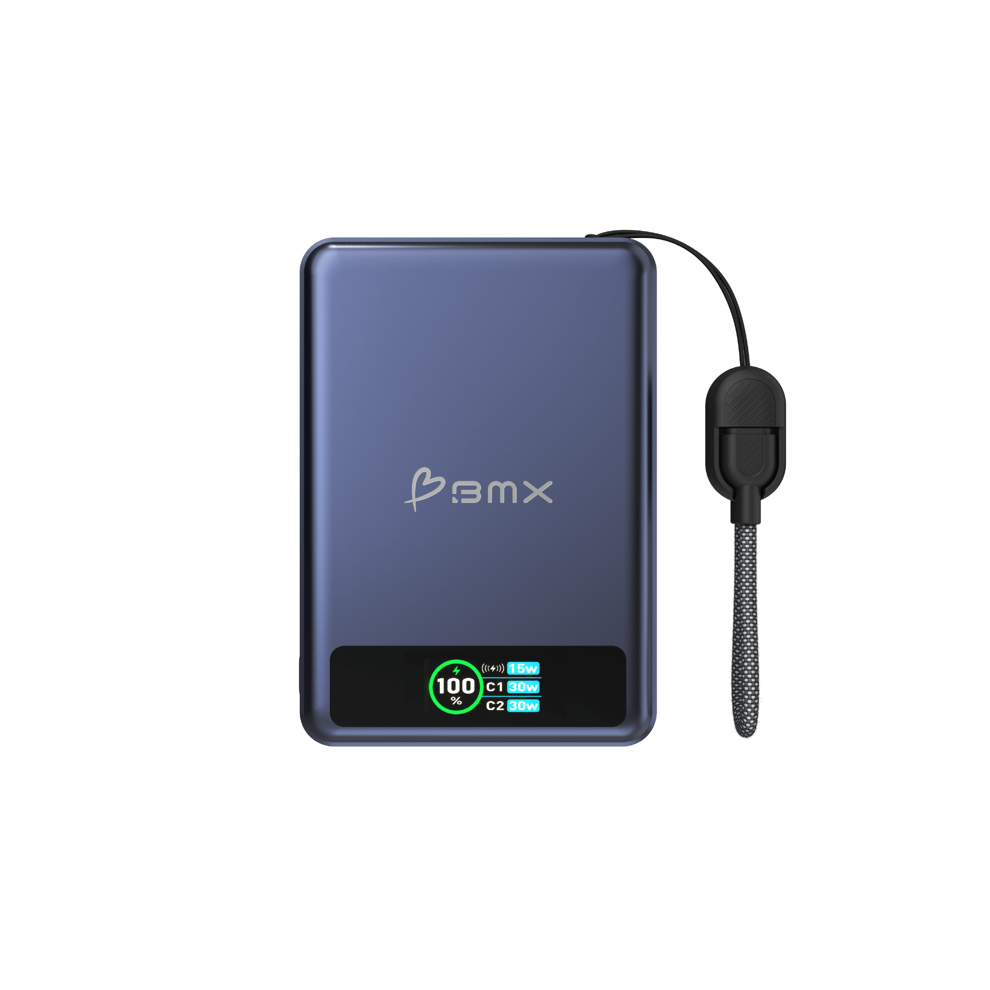 BMX SolidSafe 10K Blue -- front view of 10000mAh semi-solid-state power bank with LCD showing dual USB-C 30W output