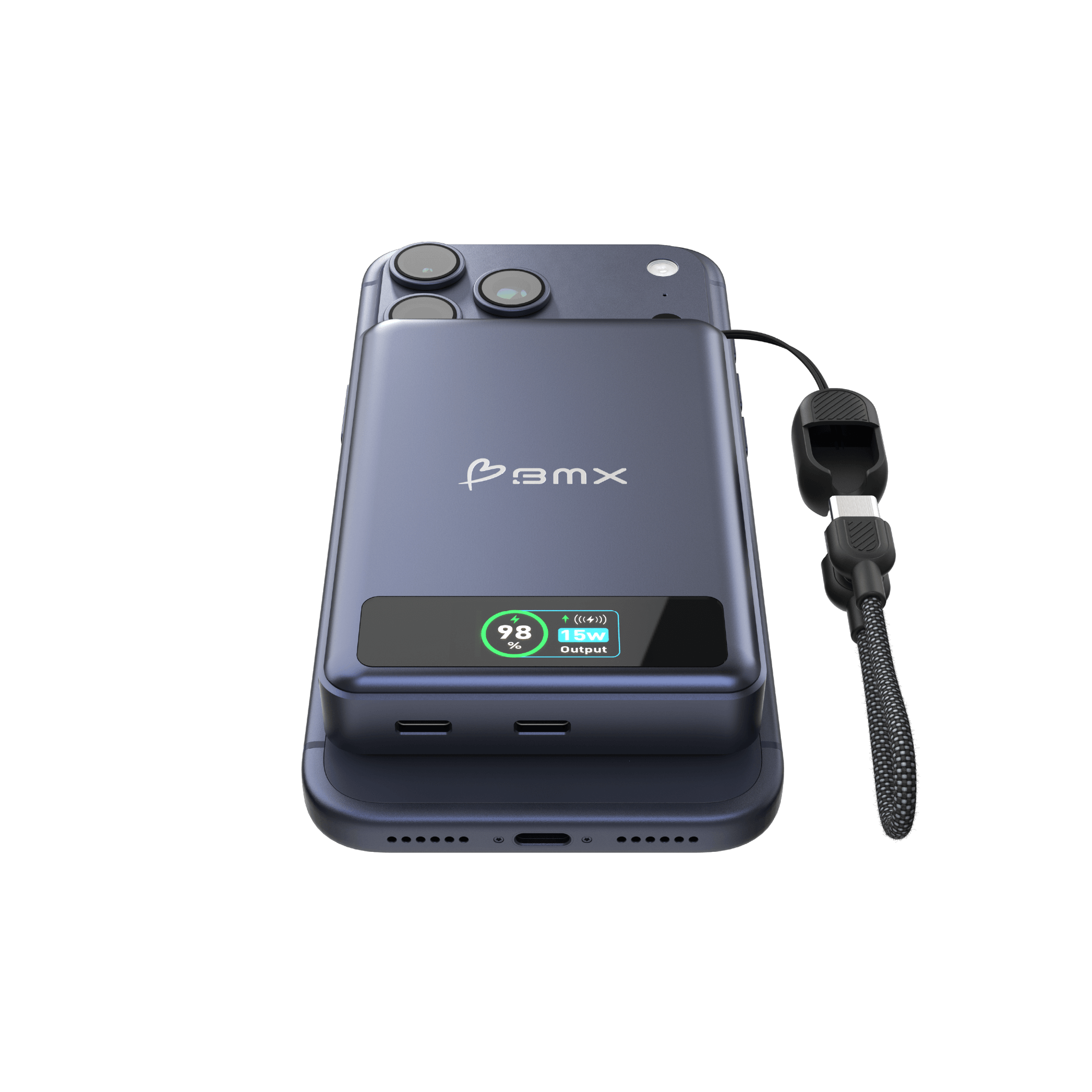BMX SolidSafe 10K Blue -- lying flat charging iPhone, LCD showing 15W wireless output