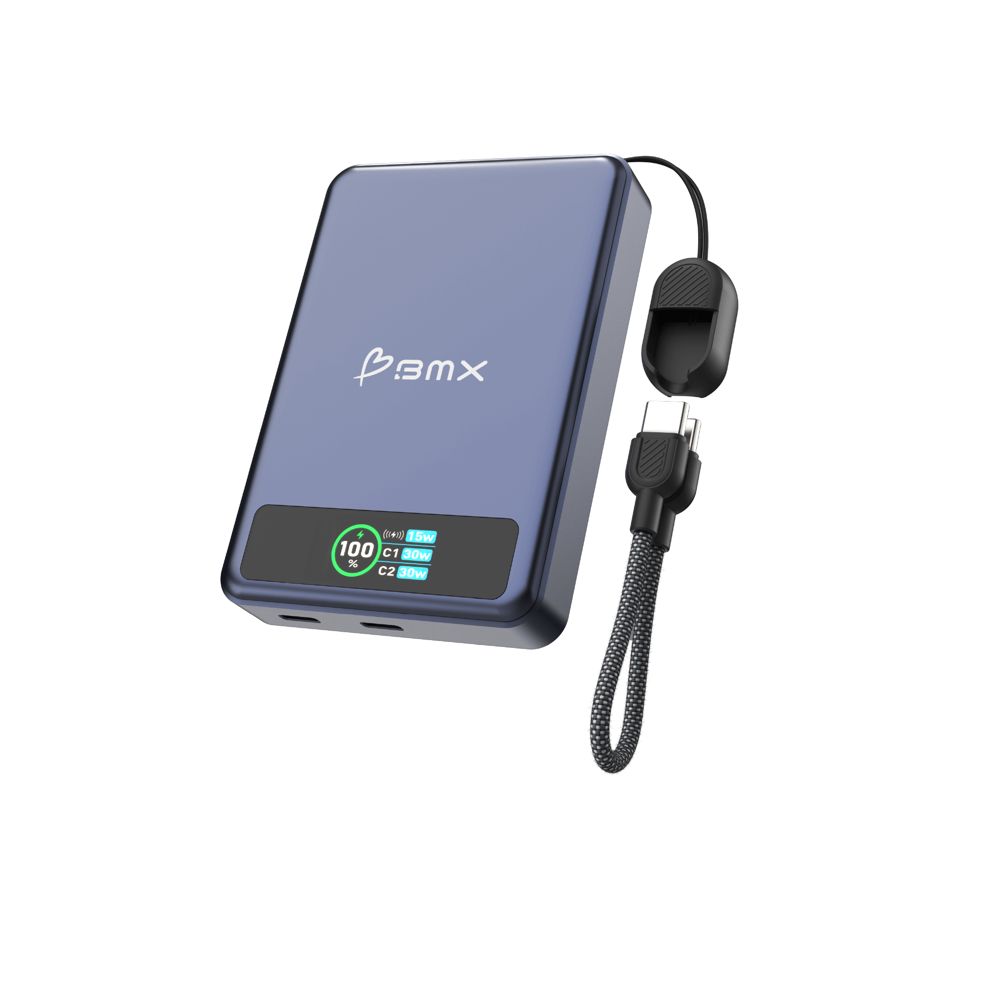 BMX SolidSafe 10K Blue -- side profile showing dual USB-C ports and built-in lanyard cable