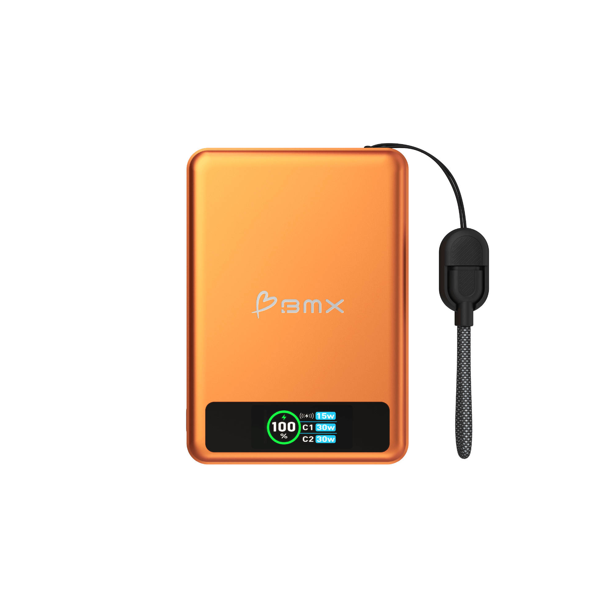 BMX SolidSafe 10K Orange -- front view of 10000mAh semi-solid-state power bank with LCD showing dual USB-C 30W output