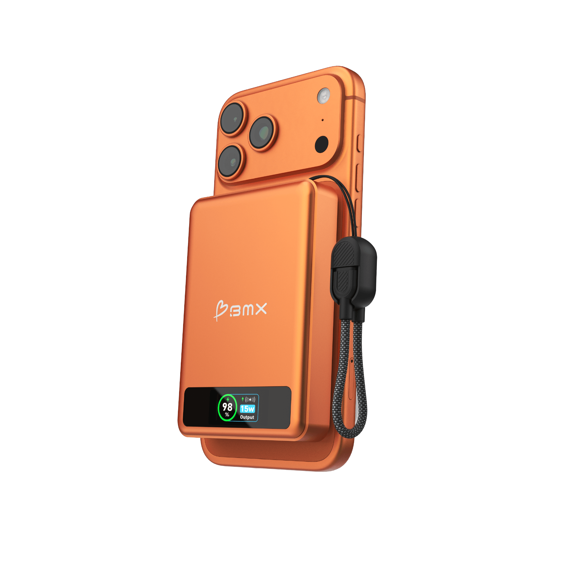 BMX SolidSafe 10K Orange -- attached to iPhone via Qi2 magnetic snap, charging at 15W