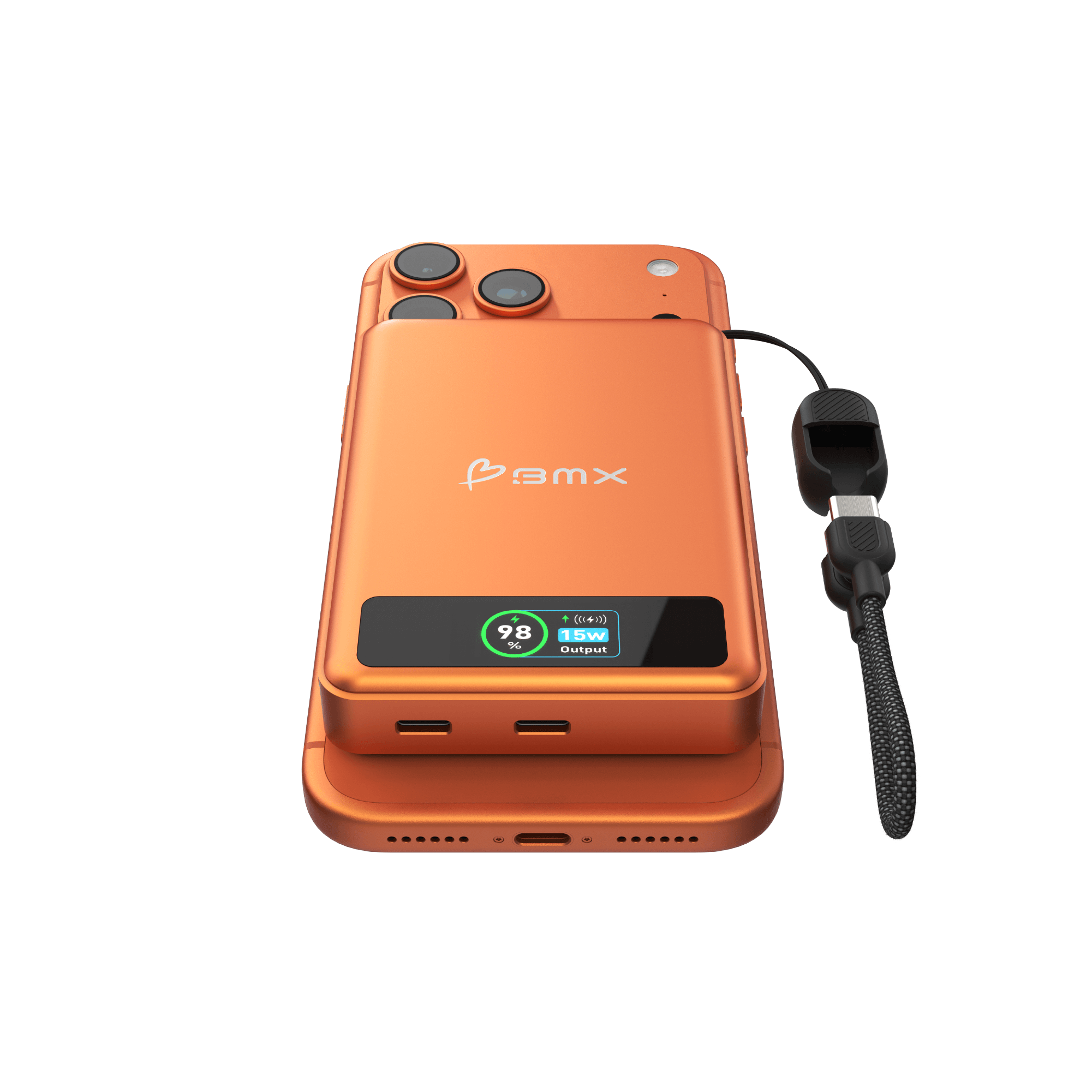 BMX SolidSafe 10K Orange -- lying flat charging iPhone, LCD showing 15W wireless output