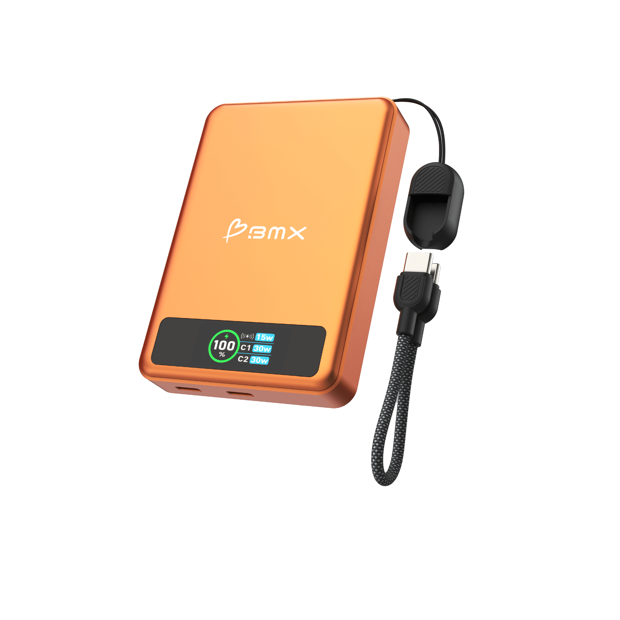 BMX SolidSafe 10K Orange -- side profile showing dual USB-C ports and built-in lanyard cable