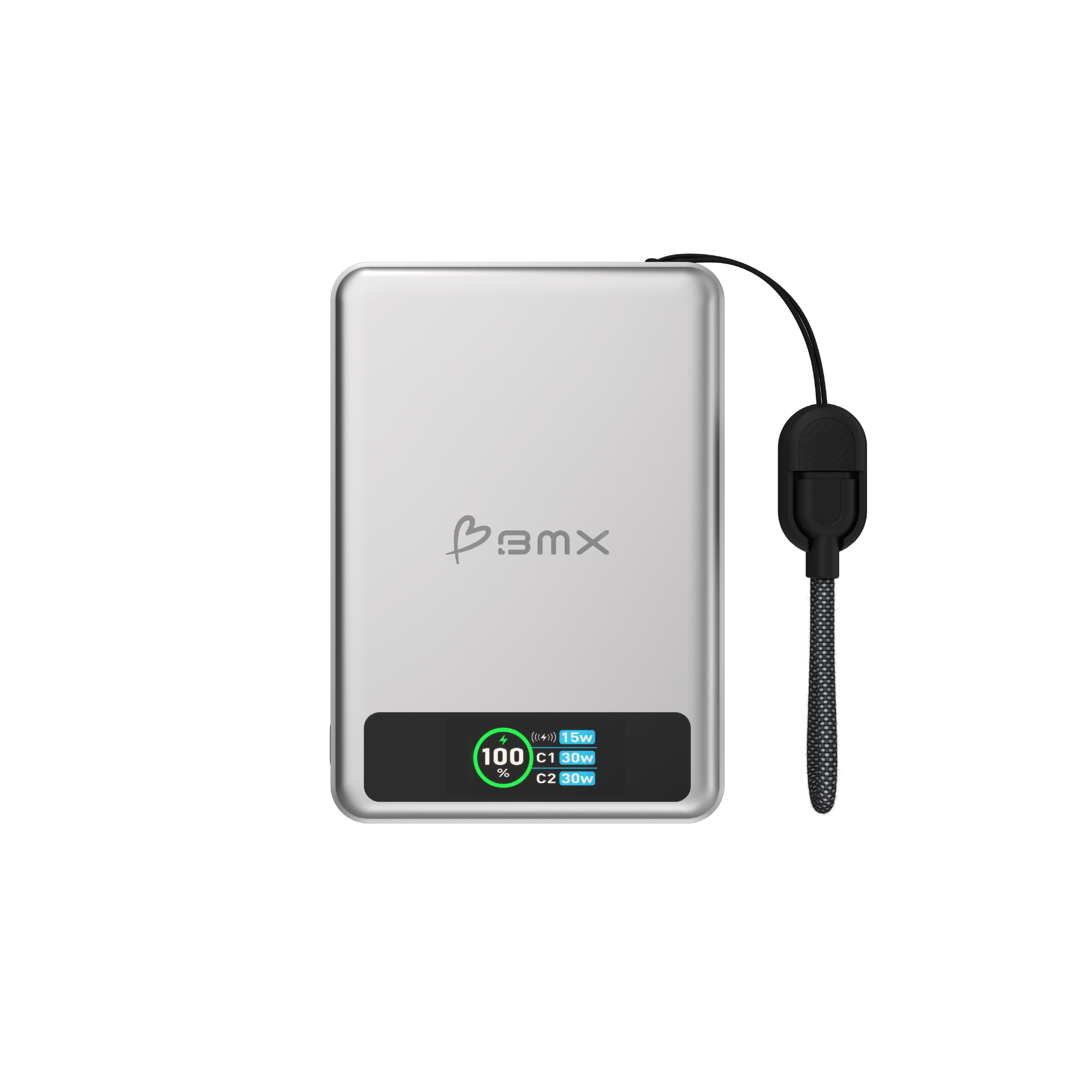 BMX SolidSafe 10K Silver -- front view of 10000mAh semi-solid-state power bank with LCD showing dual USB-C 30W output