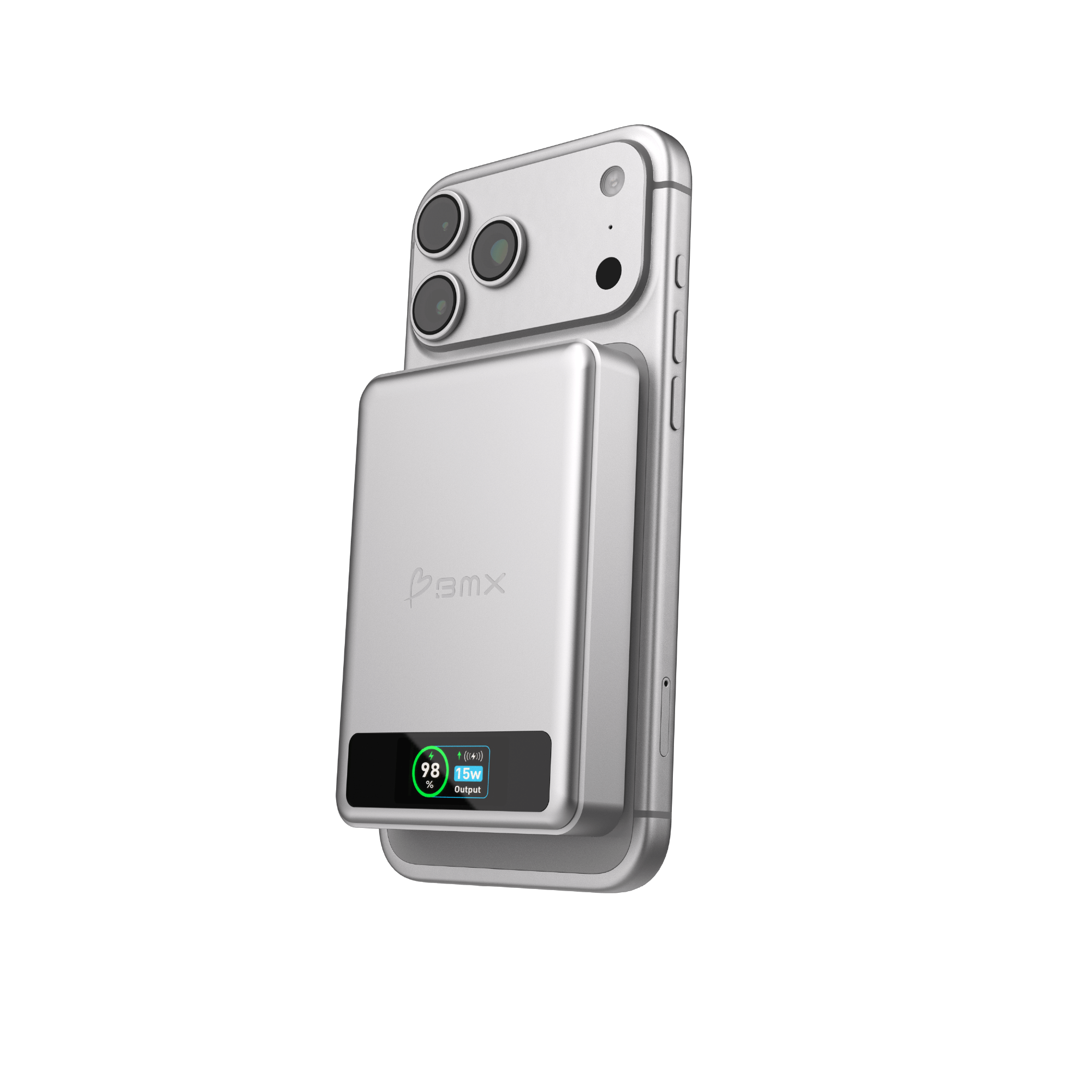 BMX SolidSafe 10K Silver -- angled view of 10000mAh semi-solid-state magnetic power bank with full-color LCD