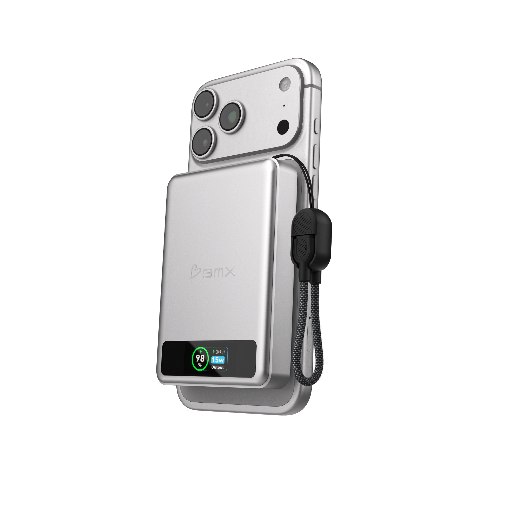 BMX SolidSafe 10K Silver -- attached to iPhone via Qi2 magnetic snap, charging at 15W
