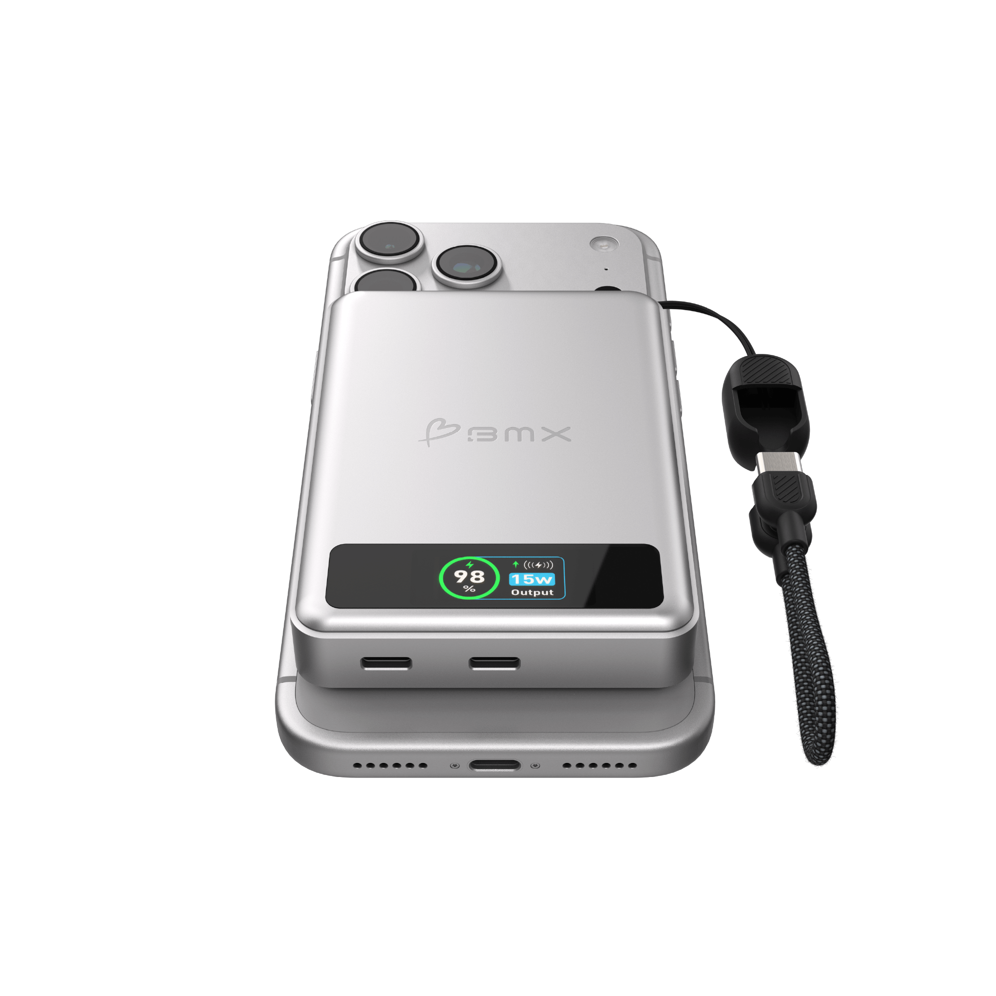 BMX SolidSafe 10K Silver -- lying flat charging iPhone, LCD showing 15W wireless output