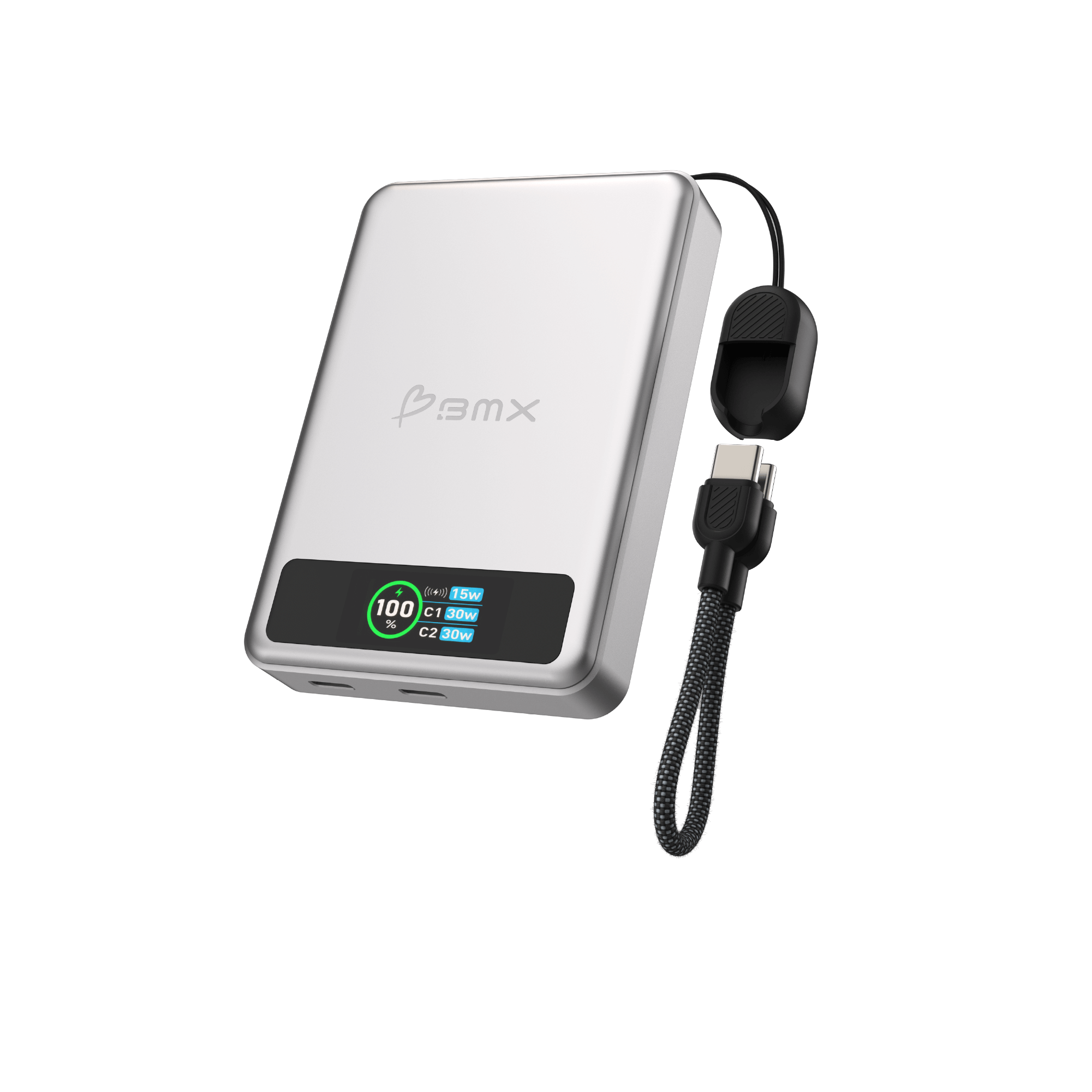 BMX SolidSafe 10K Silver -- side profile showing dual USB-C ports and built-in lanyard cable