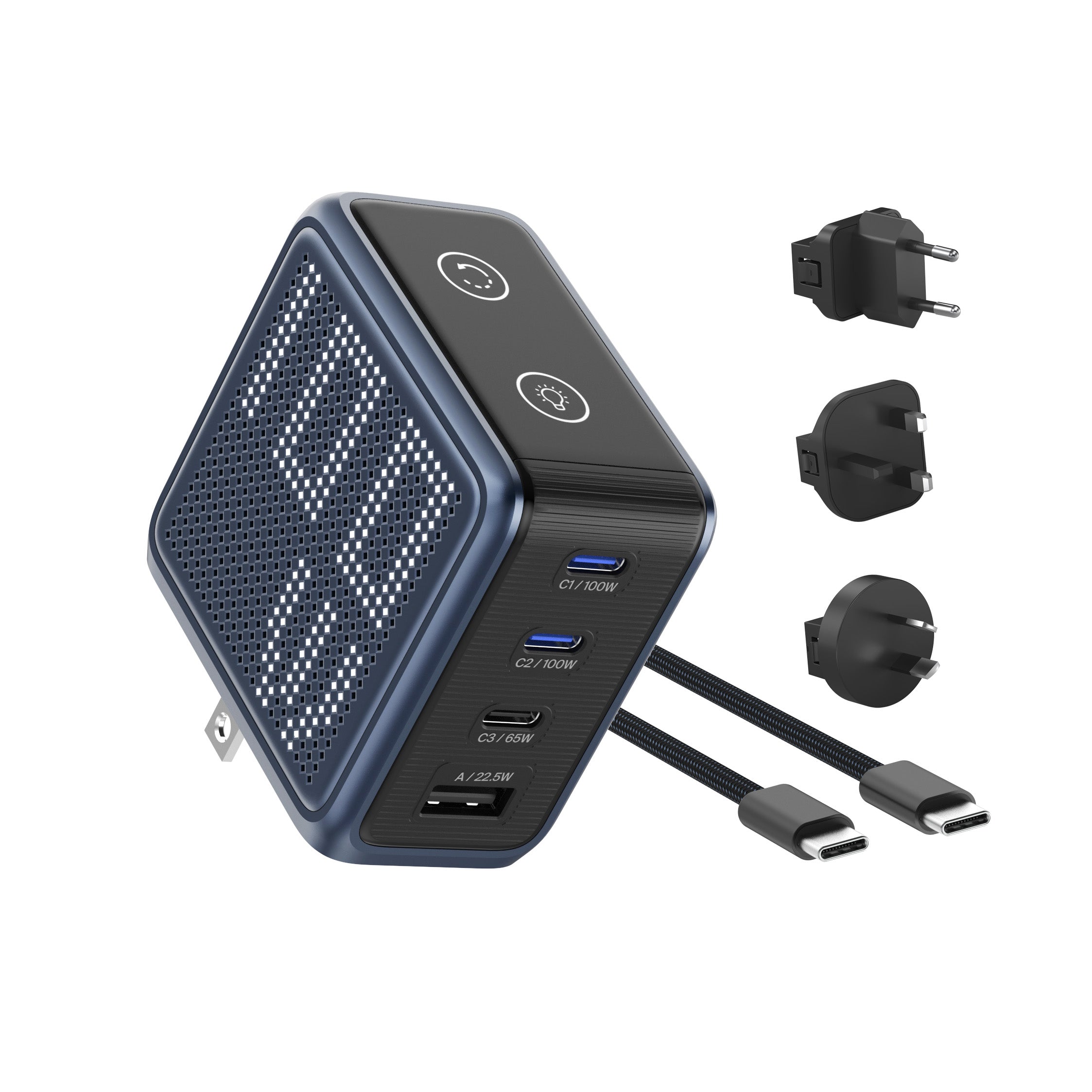 GaNSta Pixel 100W Charger with travel adapters
