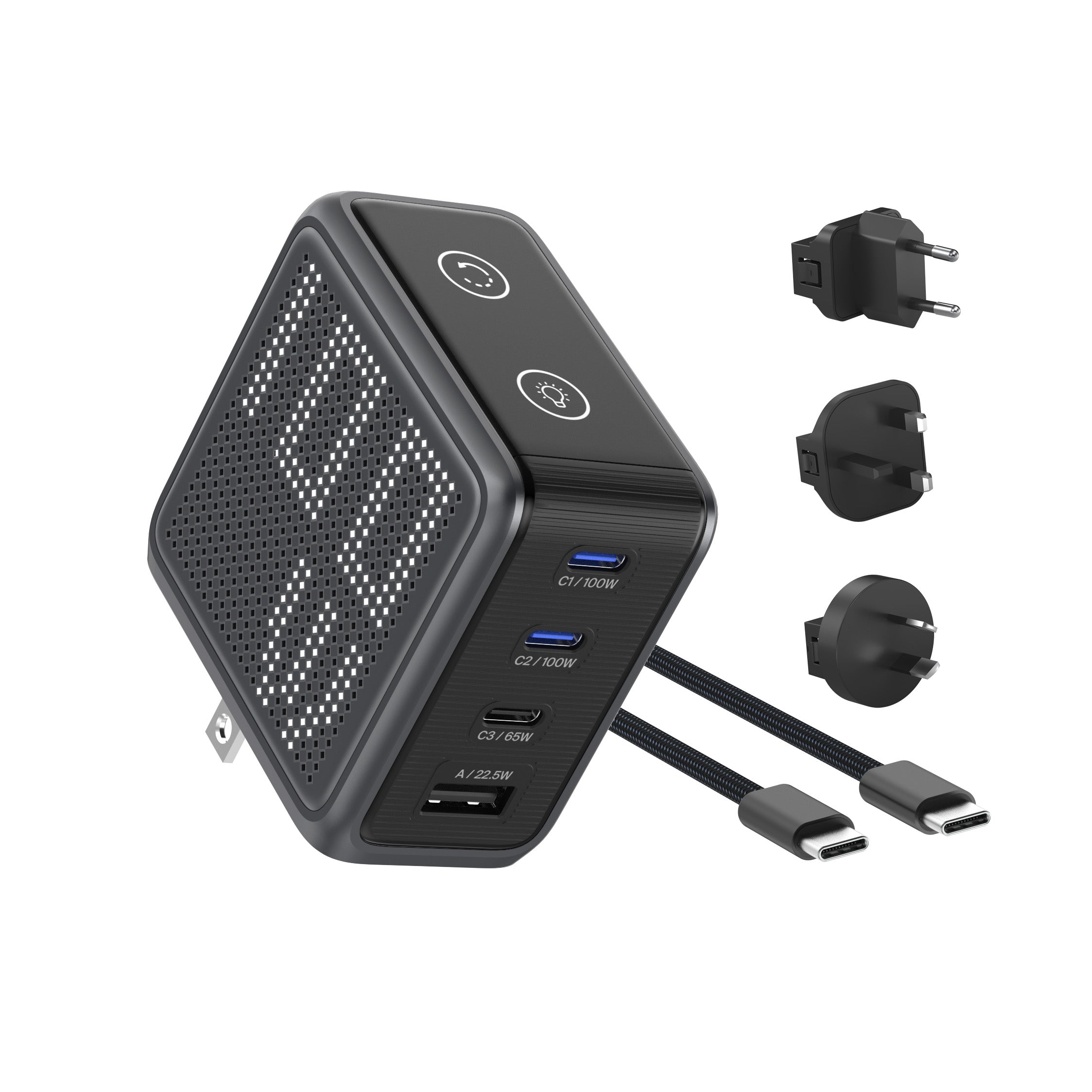 GaNSta Pixel 100W Charger with travel adapters