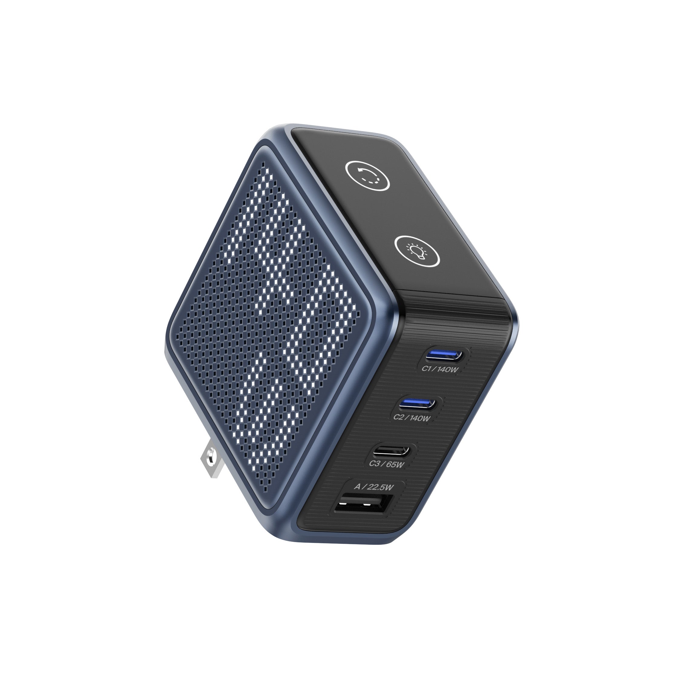 GaNSta Pixel 140W Charger showing live wattage in pixels