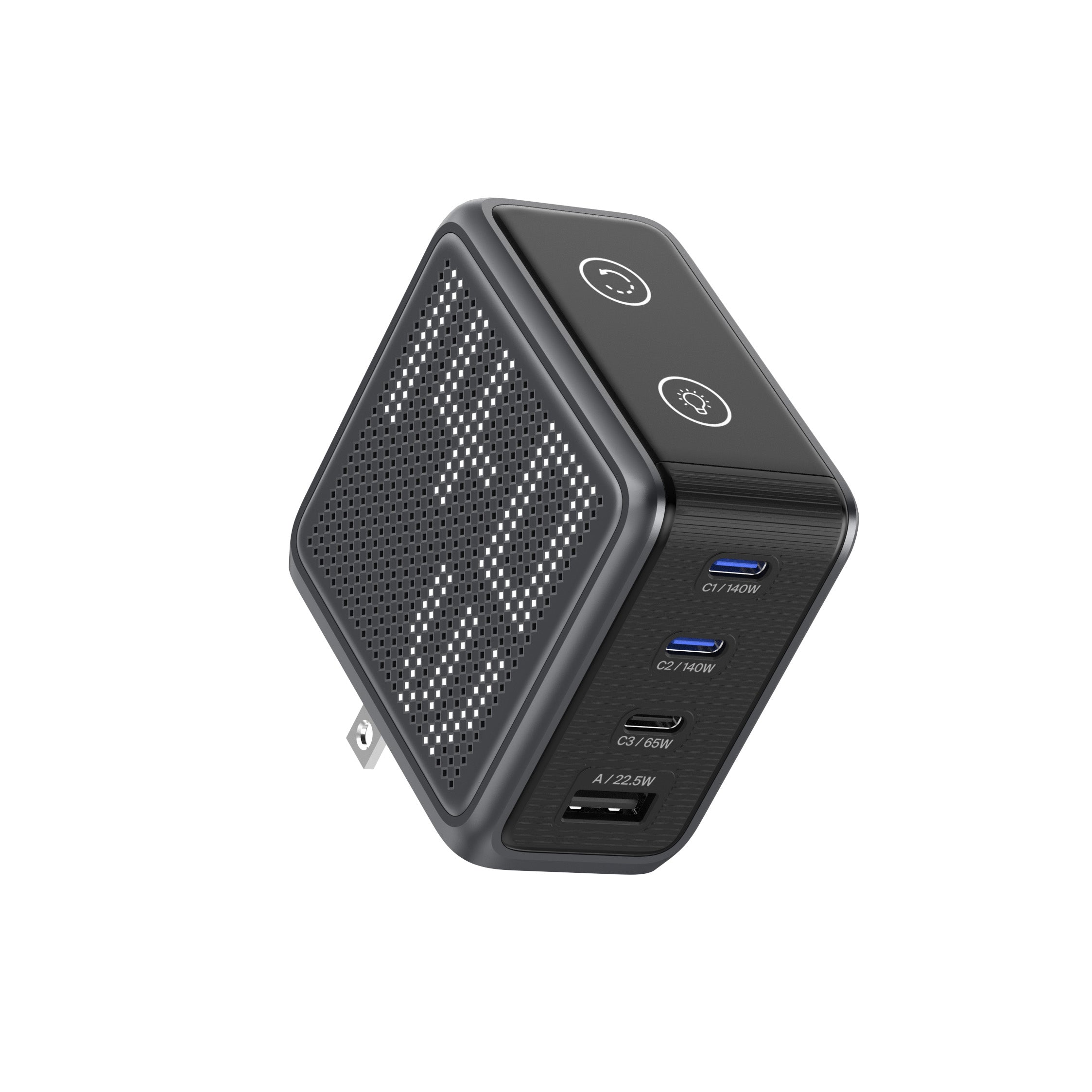 GaNSta Pixel 140W Charger showing live wattage in pixels