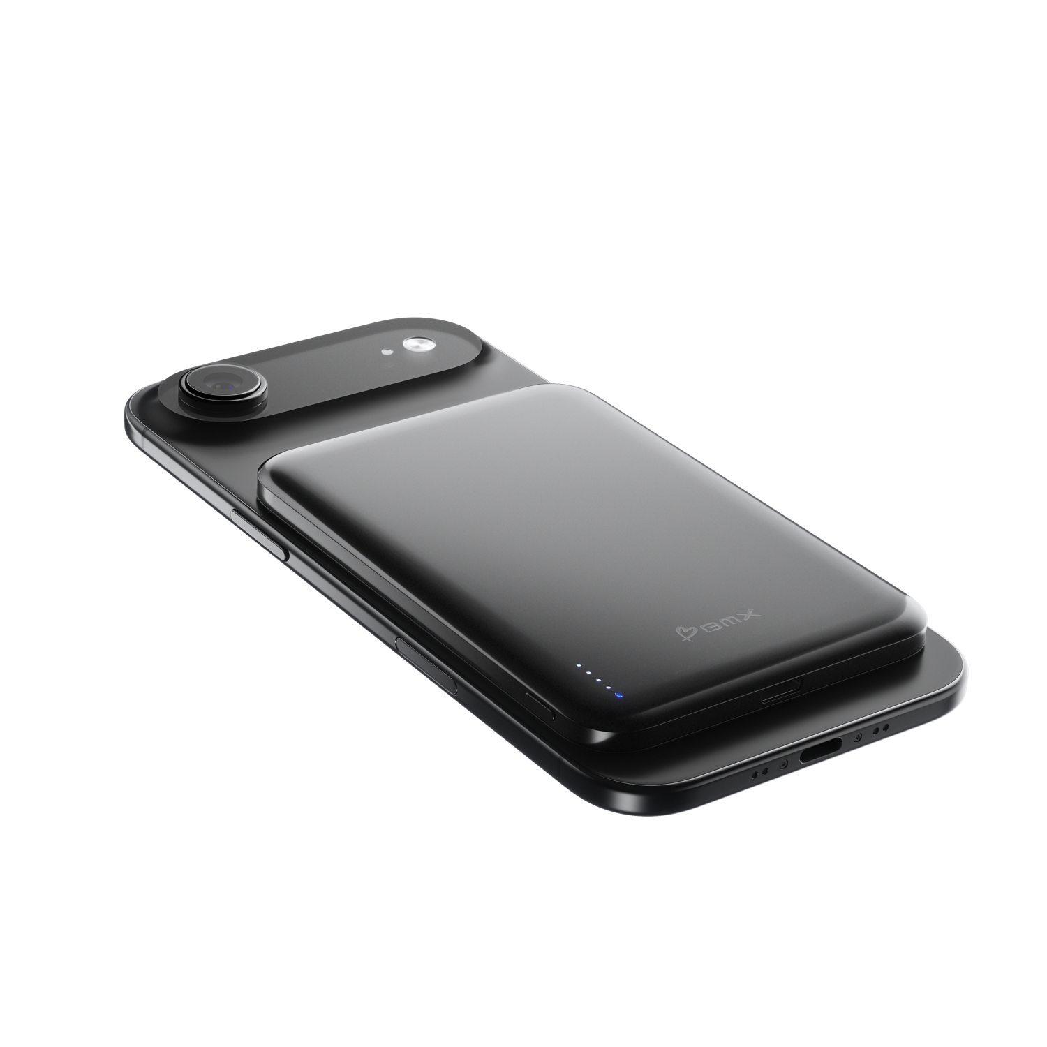 SolidSafe Air 5K Black flat lay with iPhone - ultra-thin magnetic solid-state power bank by BMX