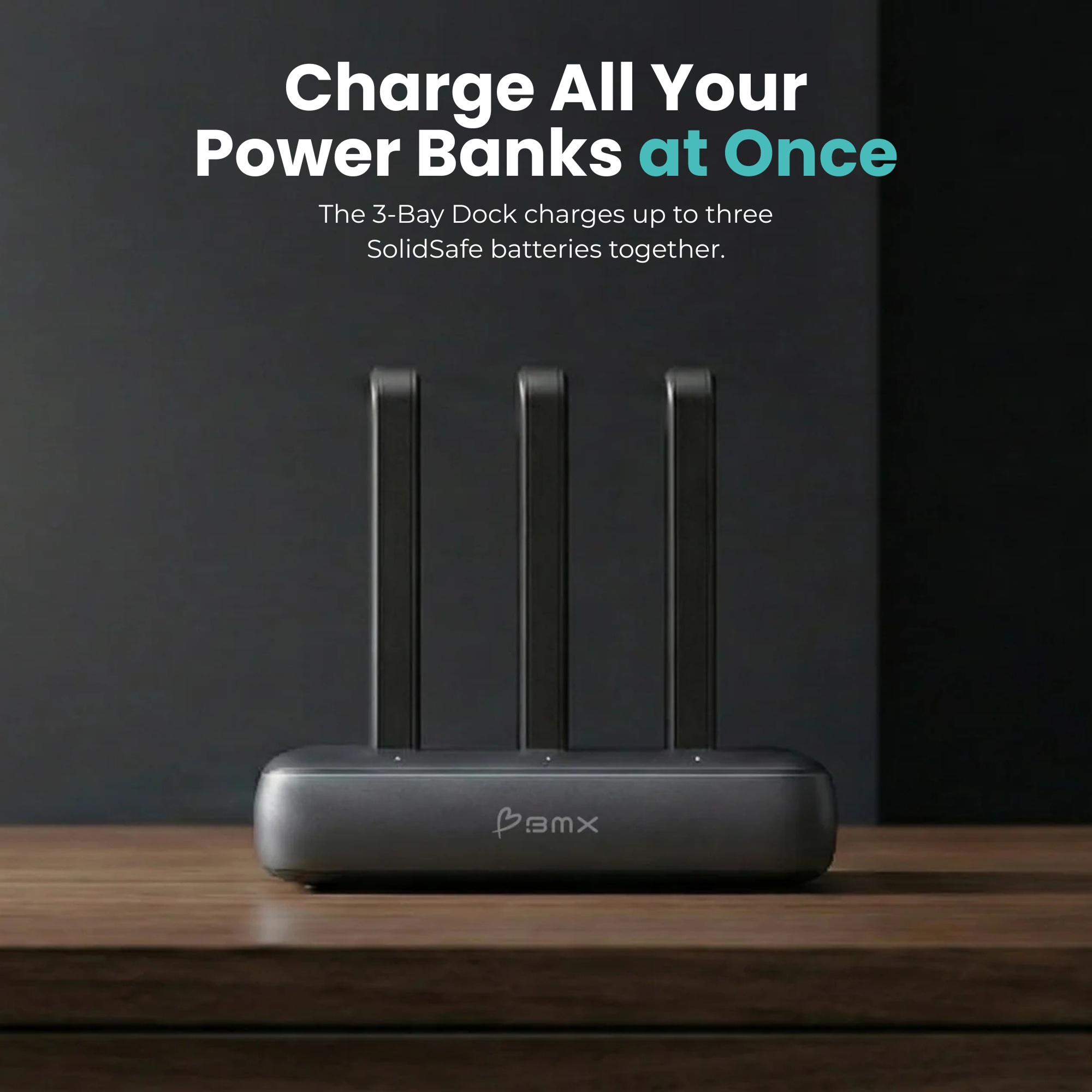 BMX SolidSafe 3-bay Charging Dock -- charges multiple power banks simultaneously, capacity infographic