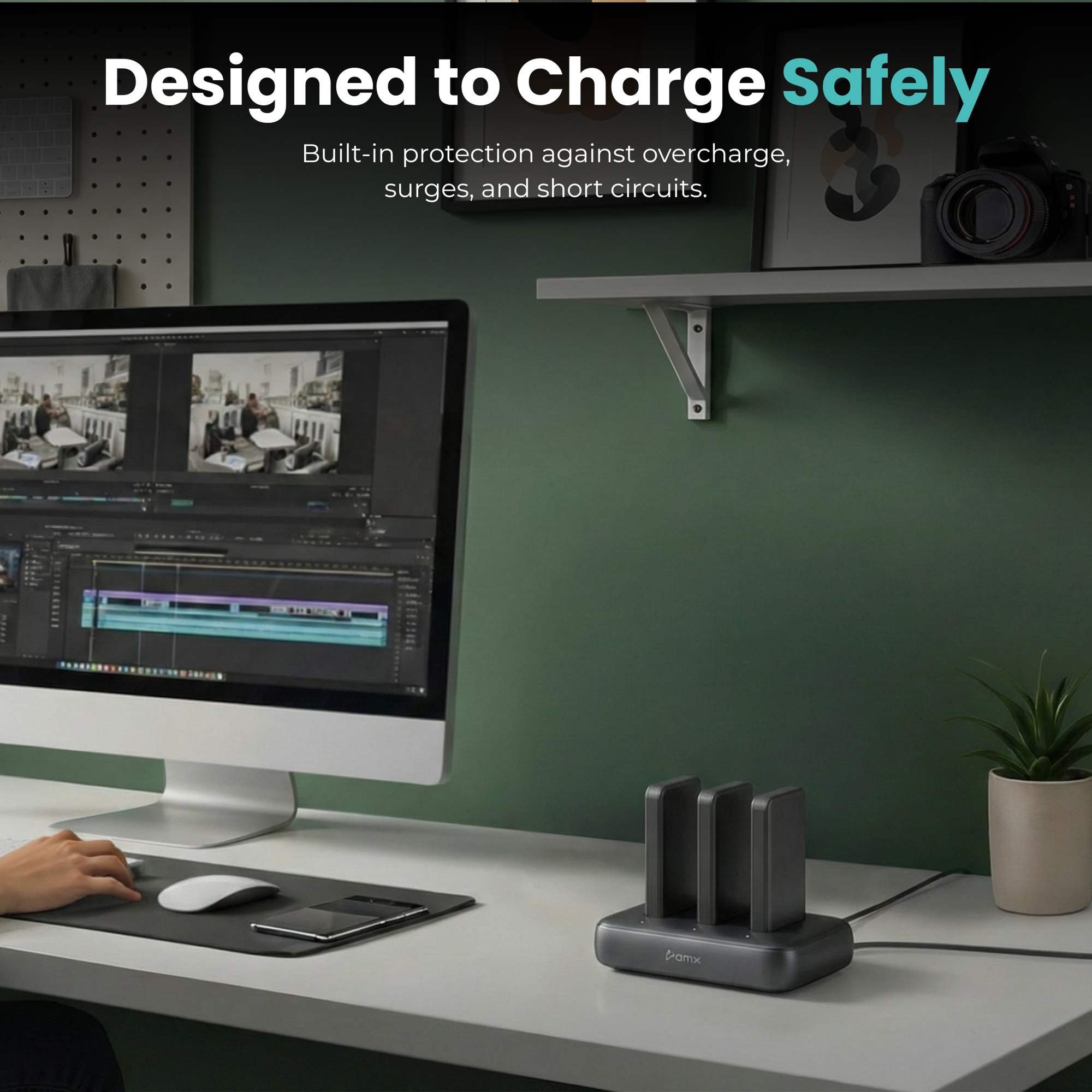 BMX SolidSafe 3-bay Charging Dock -- designed to charge safely with overvoltage, overcurrent, and surge protection