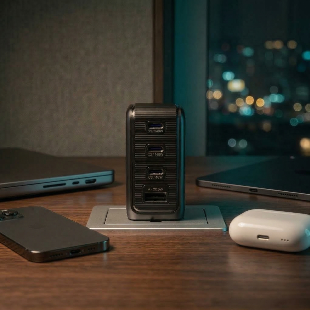 GaNsta 140W charging laptop phone tablet and earbuds