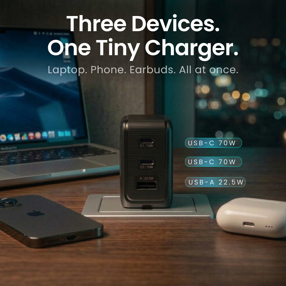 GaNSta™ 70W Laptop Charger (3 Ports, LCD Display)