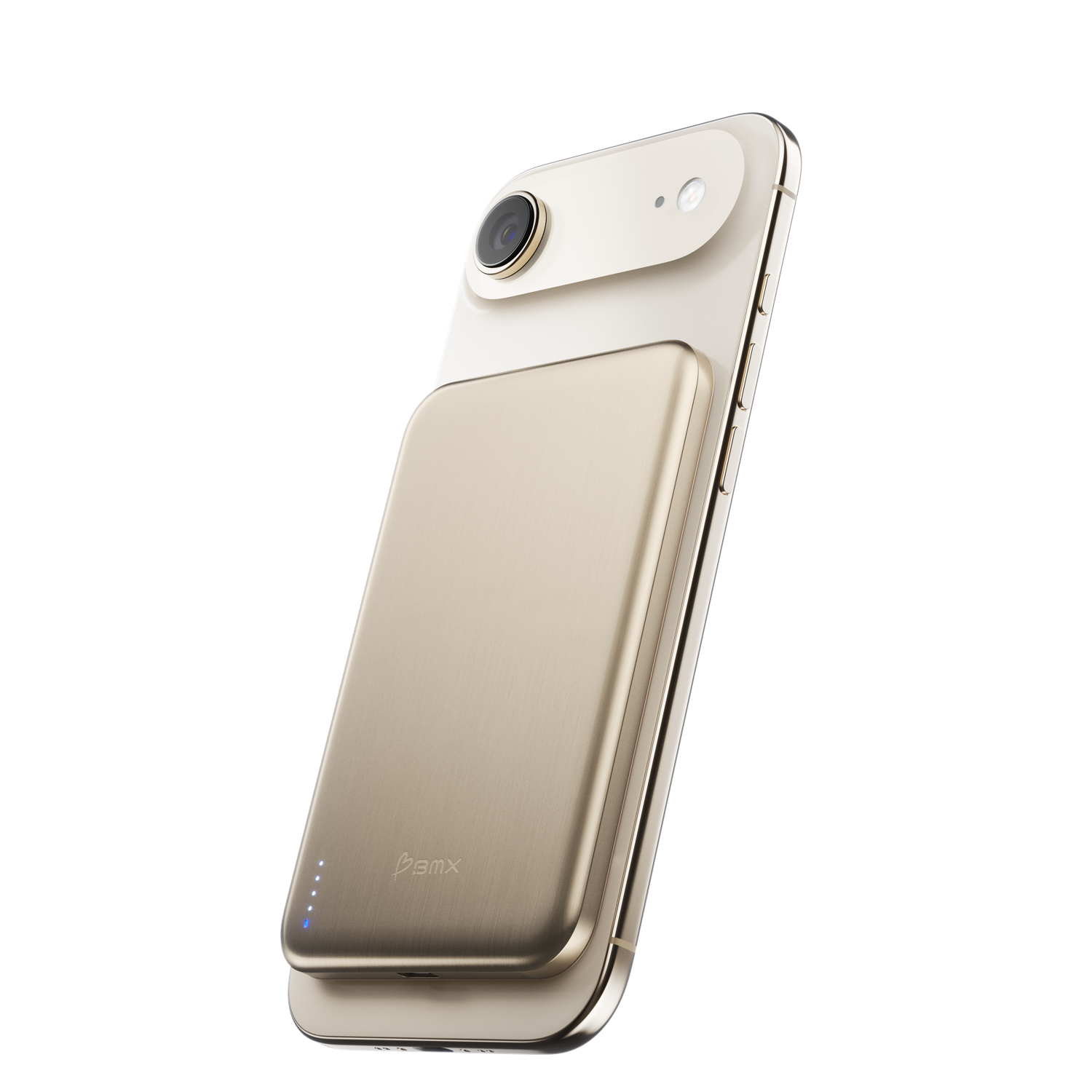 SolidSafe Air 5K Gold magnetically attached to iPhone - Qi2 wireless charging power bank by BMX