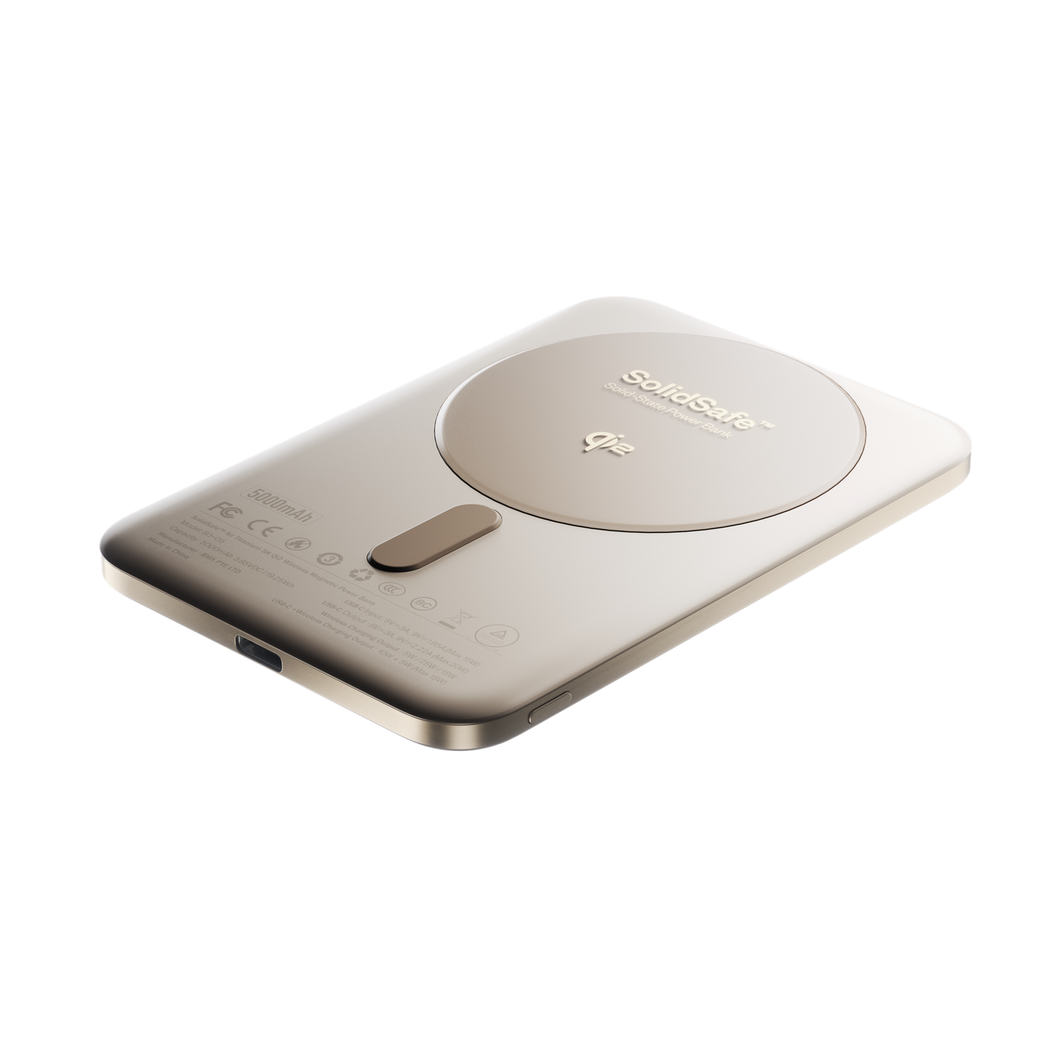 SolidSafe Air 5K Gold with iPhone flat angle - 6.8mm magnetic wireless power bank by BMX