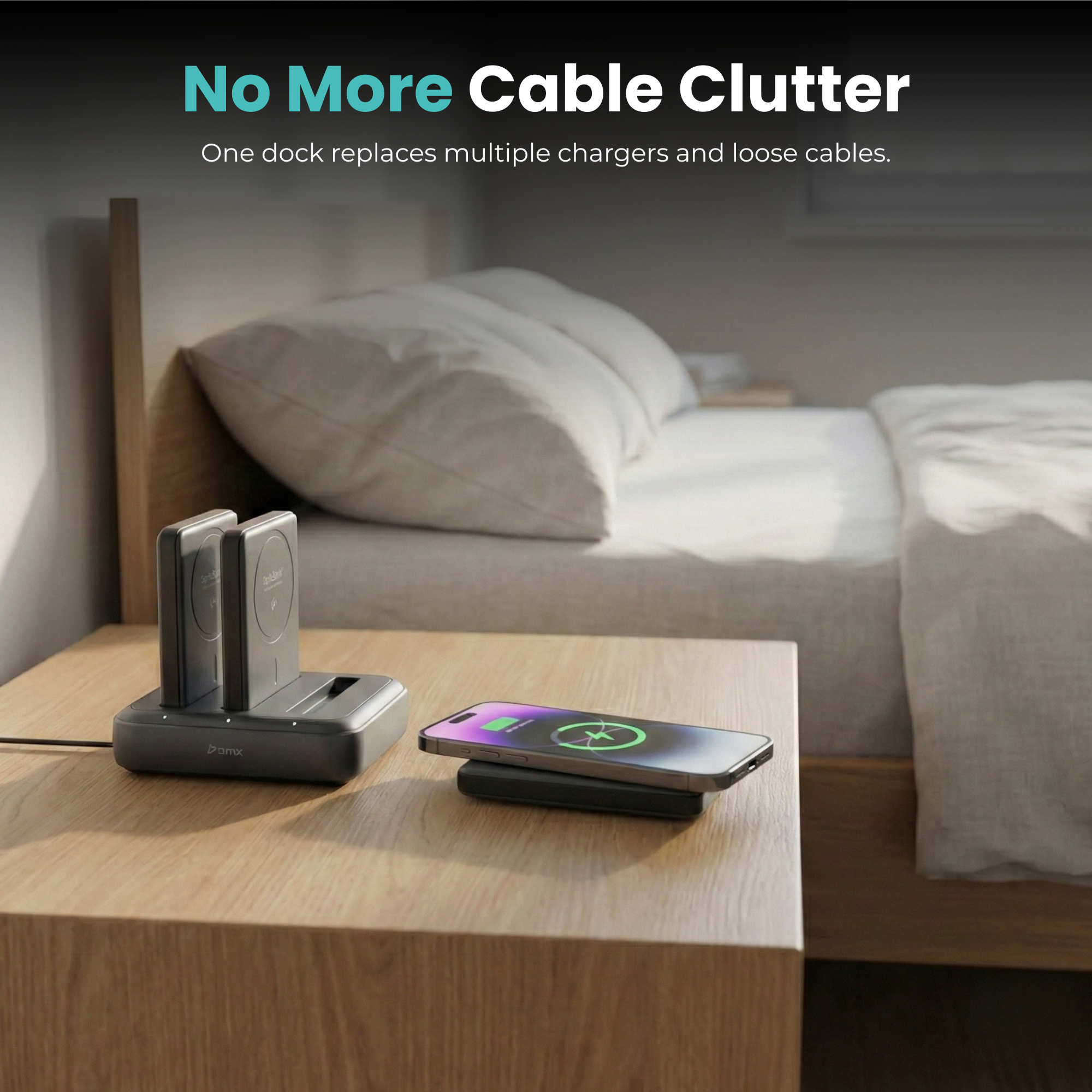 BMX SolidSafe 3-bay Charging Dock -- single dock replaces multiple cables and chargers, cable-free infographic