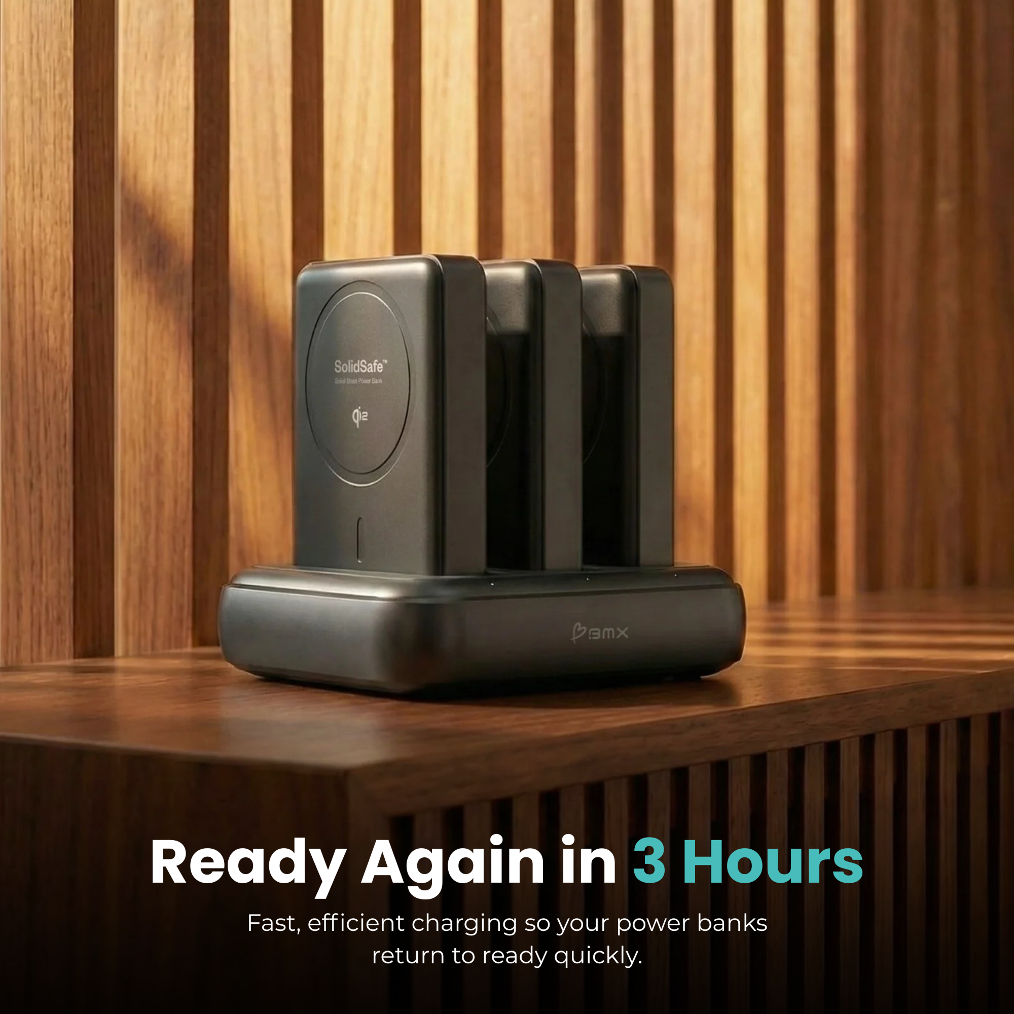 BMX SolidSafe 3-bay Charging Dock -- recharges all power banks fully in 3 hours, fast-charge infographic