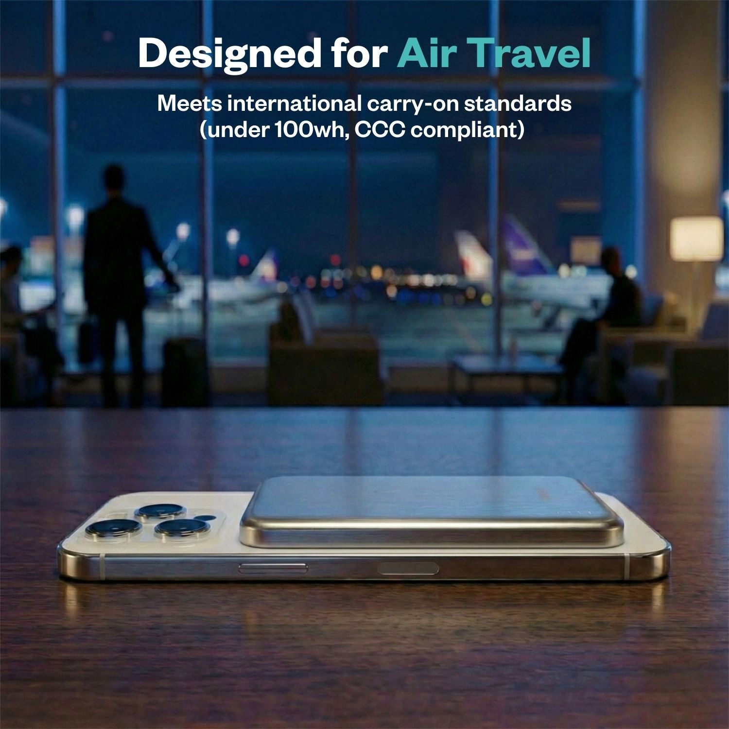 SolidSafe Air 5K Silver at airport - airline-safe solid-state power bank under 100Wh for carry-on travel