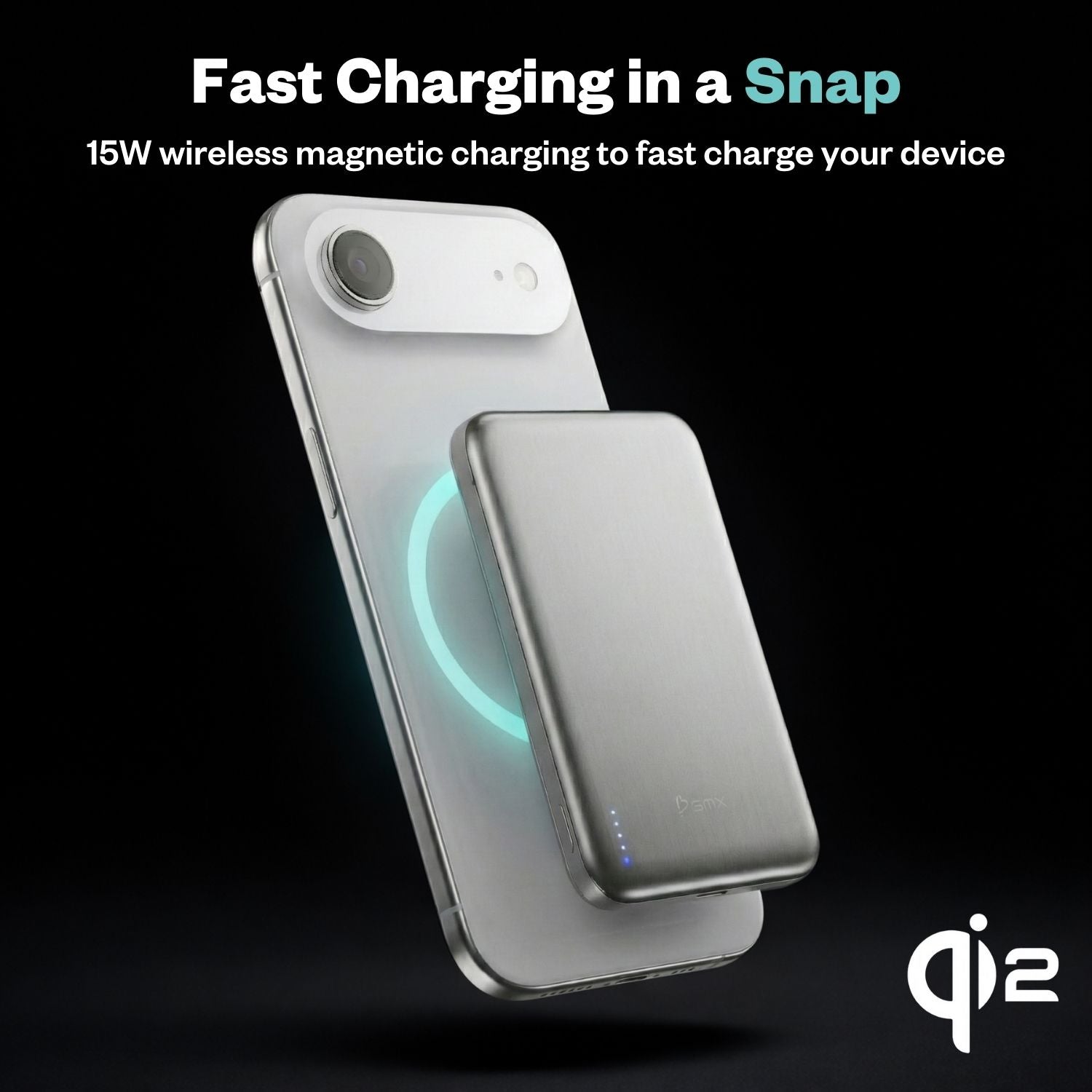 SolidSafe Air 5K Silver Qi2 wireless charging on iPhone - 15W magnetic fast charging power bank