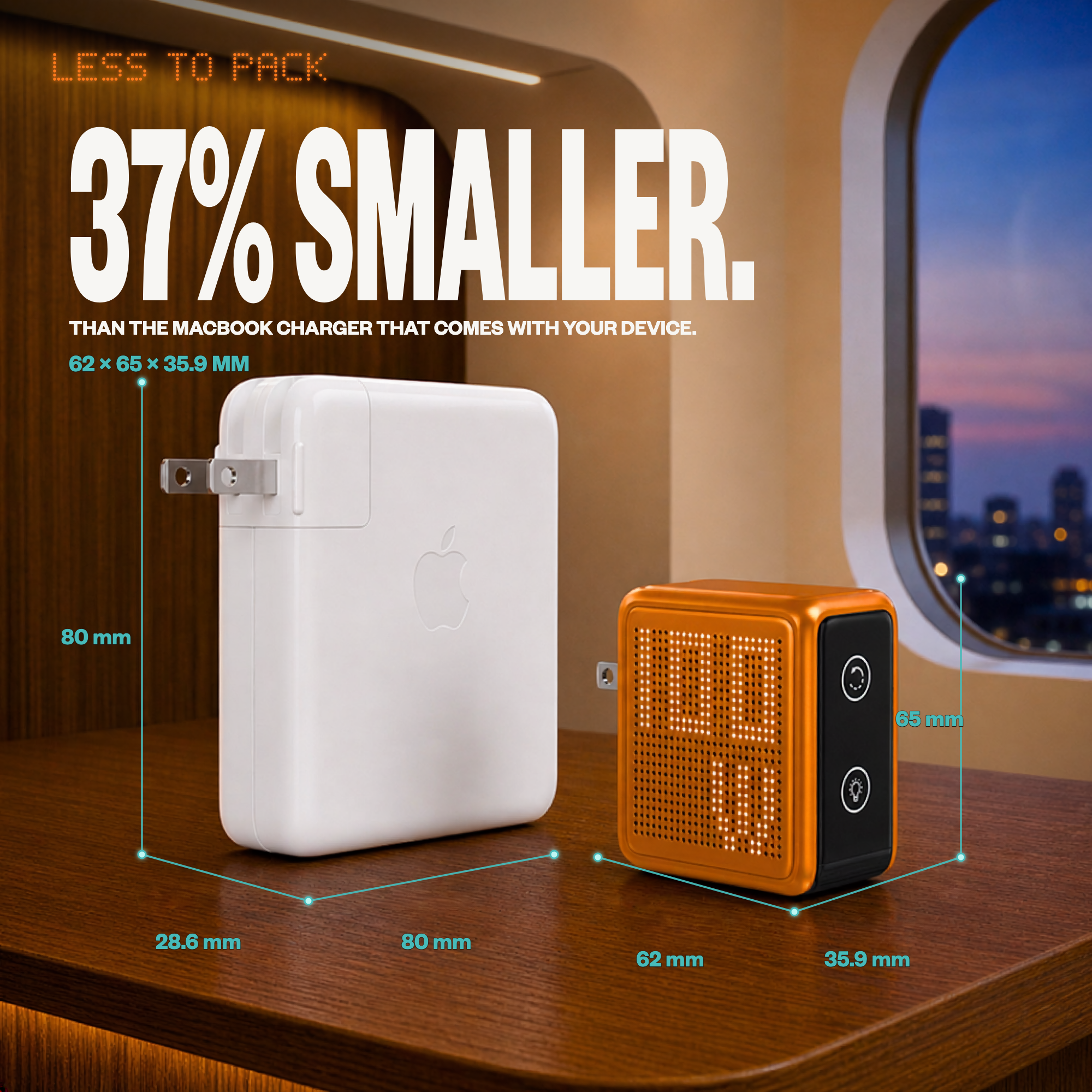 GaNSta Pixel 100W charger size comparison, 37% smaller than the MacBook charger that comes with your device