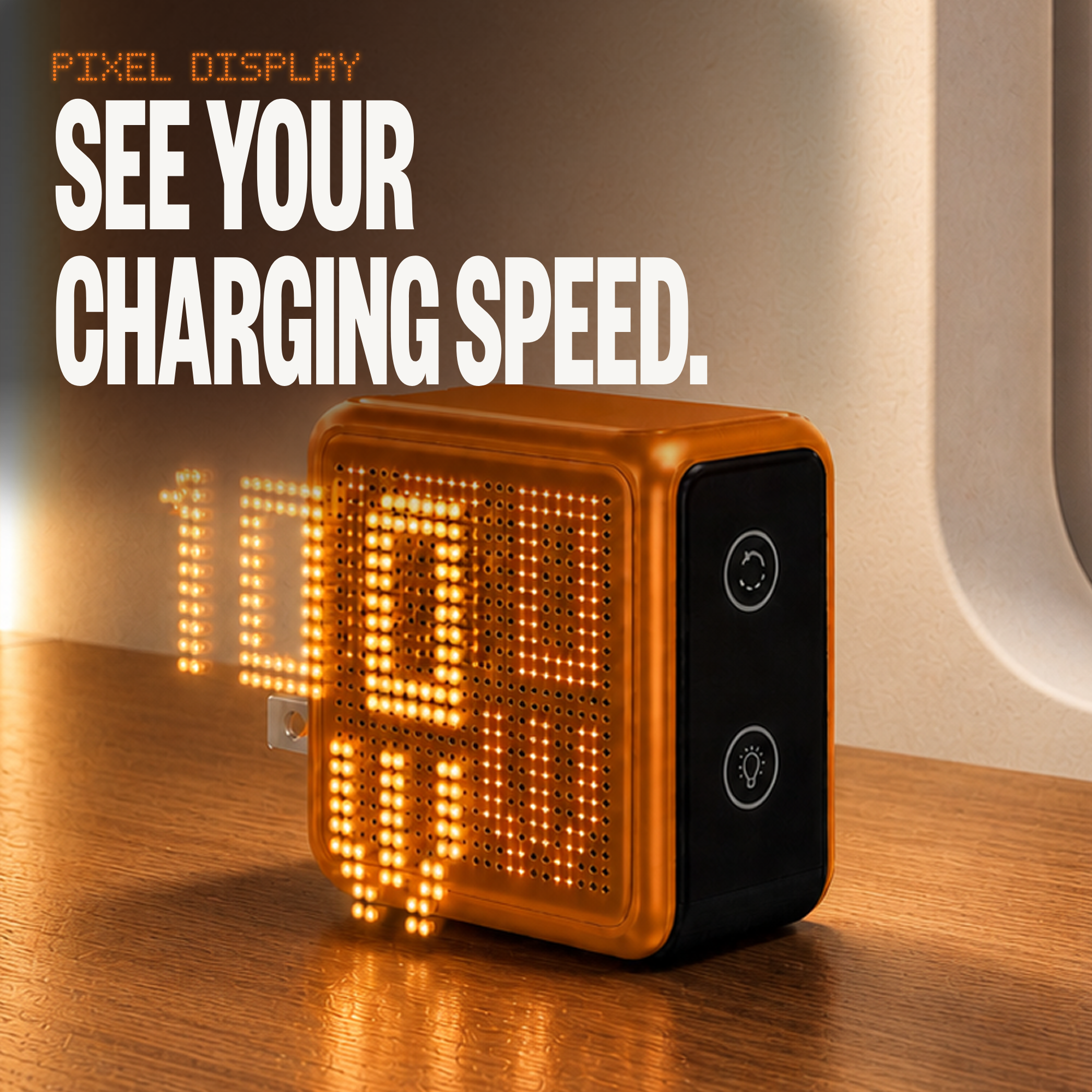 GaNSta Pixel 100W charger Pixel display showing charging speed