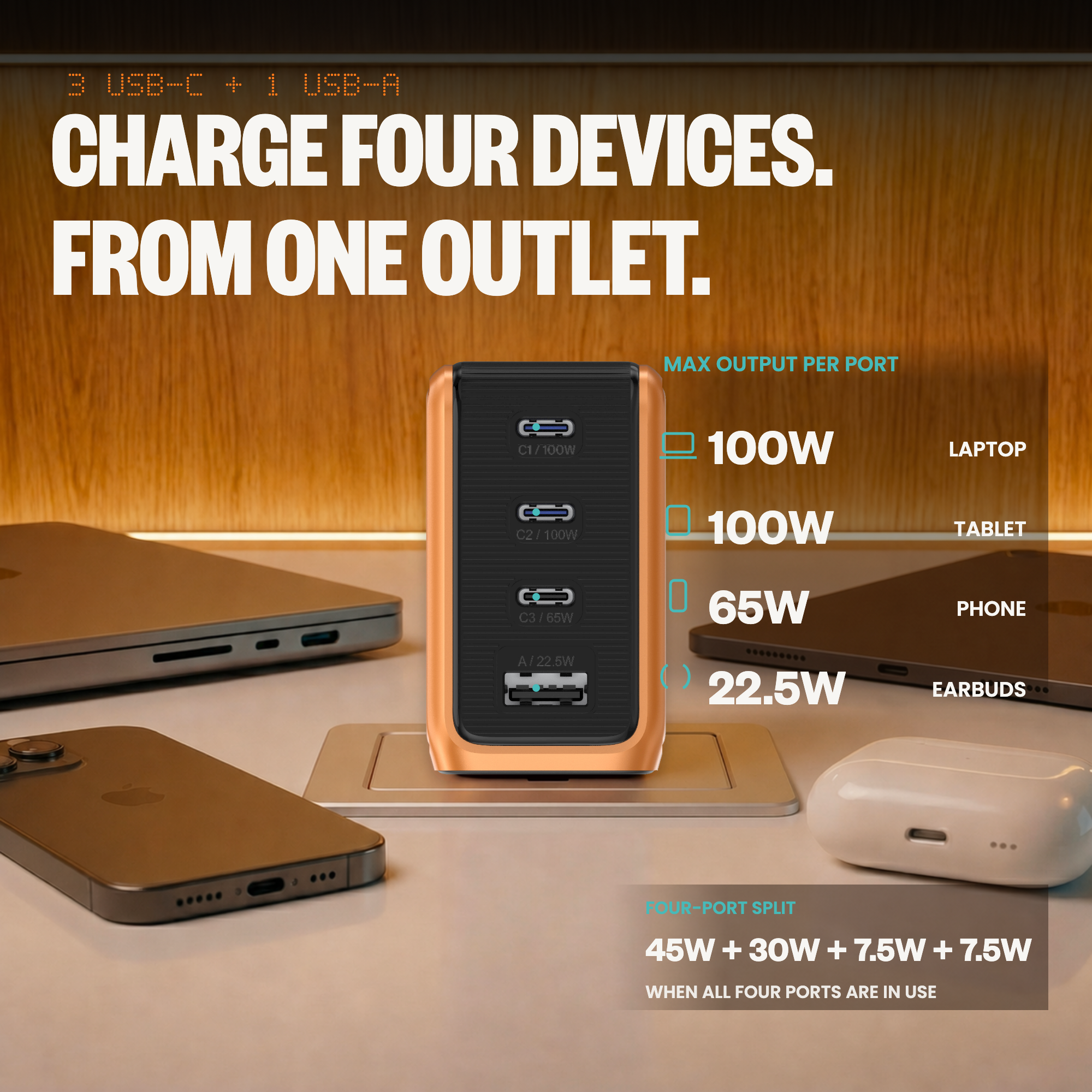 GaNSta Pixel 100W four-port charger powering four devices from one outlet