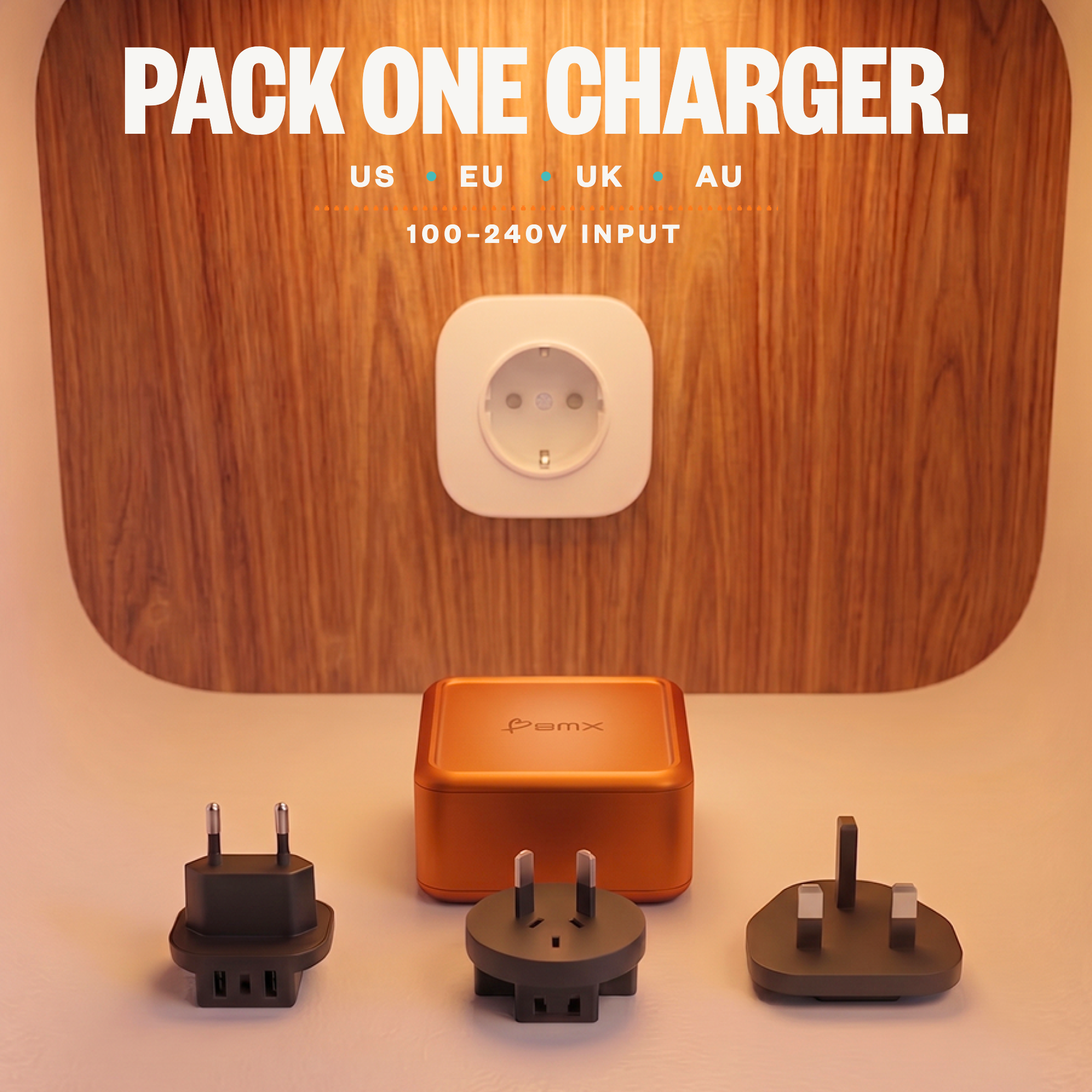 GaNSta Pixel 100W charger with US, EU, UK, and AU travel plugs