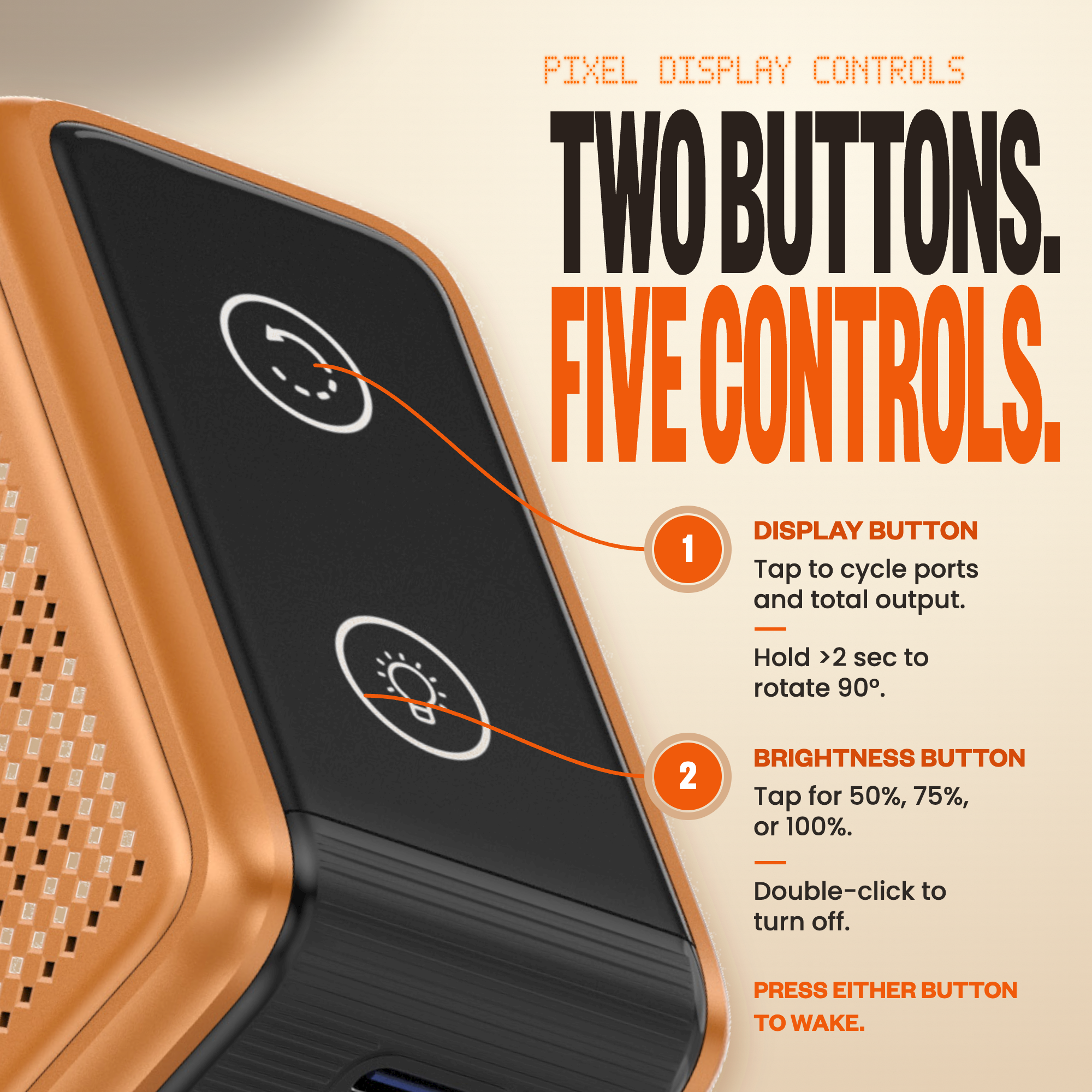 GaNSta Pixel 100W charger Pixel display button controls infographic