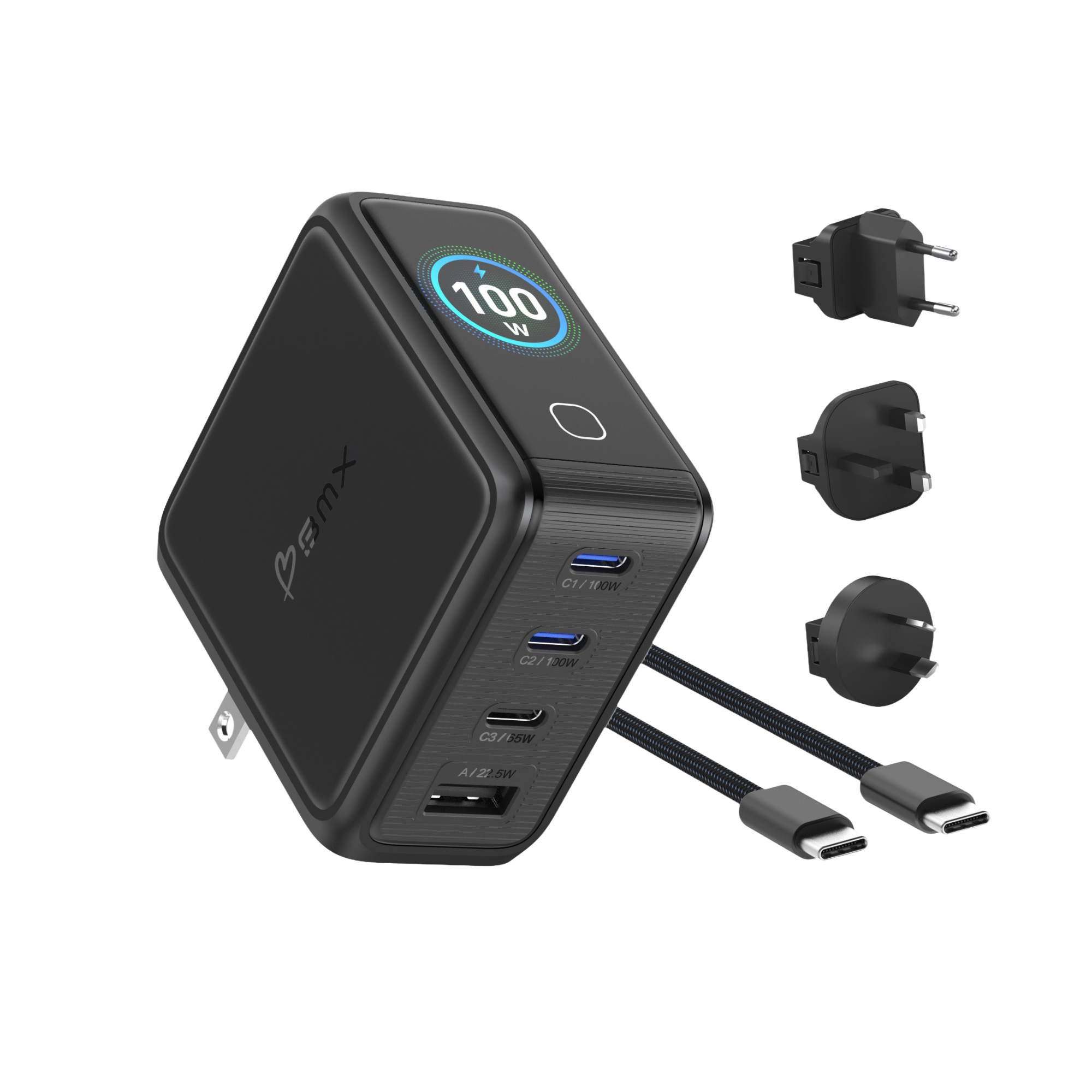 BMX GaNSta LCD 100W charger with international travel adapters