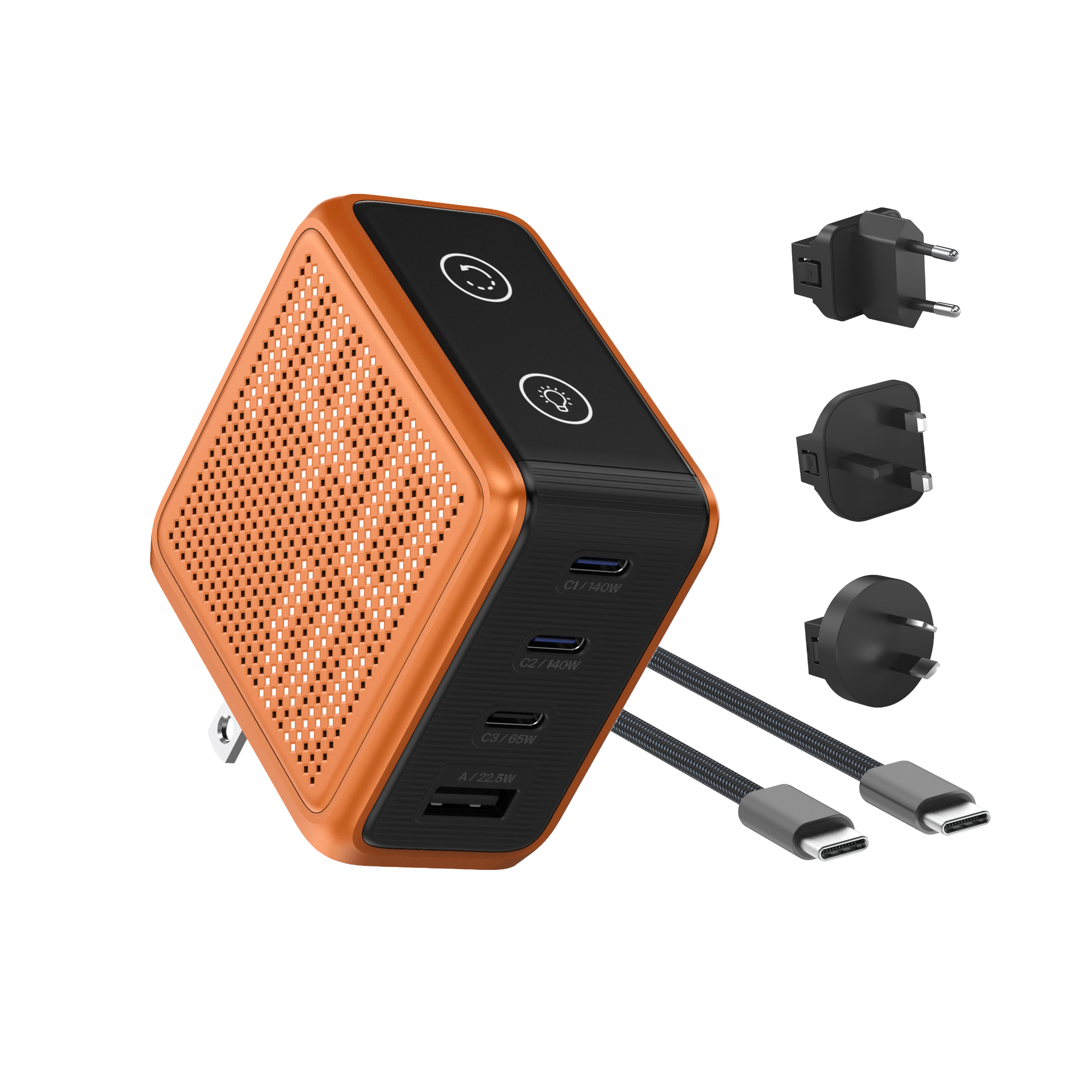 BMX GaNSta Pixel 140W Orange charger with cable and travel pouch