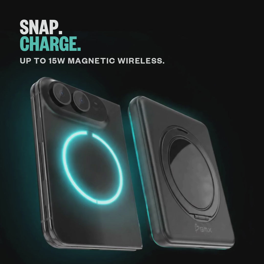 SolidSafe™ Duo snapping magnetically onto iPhone Duo as its display wakes. Up to 15W magnetic wireless charging.