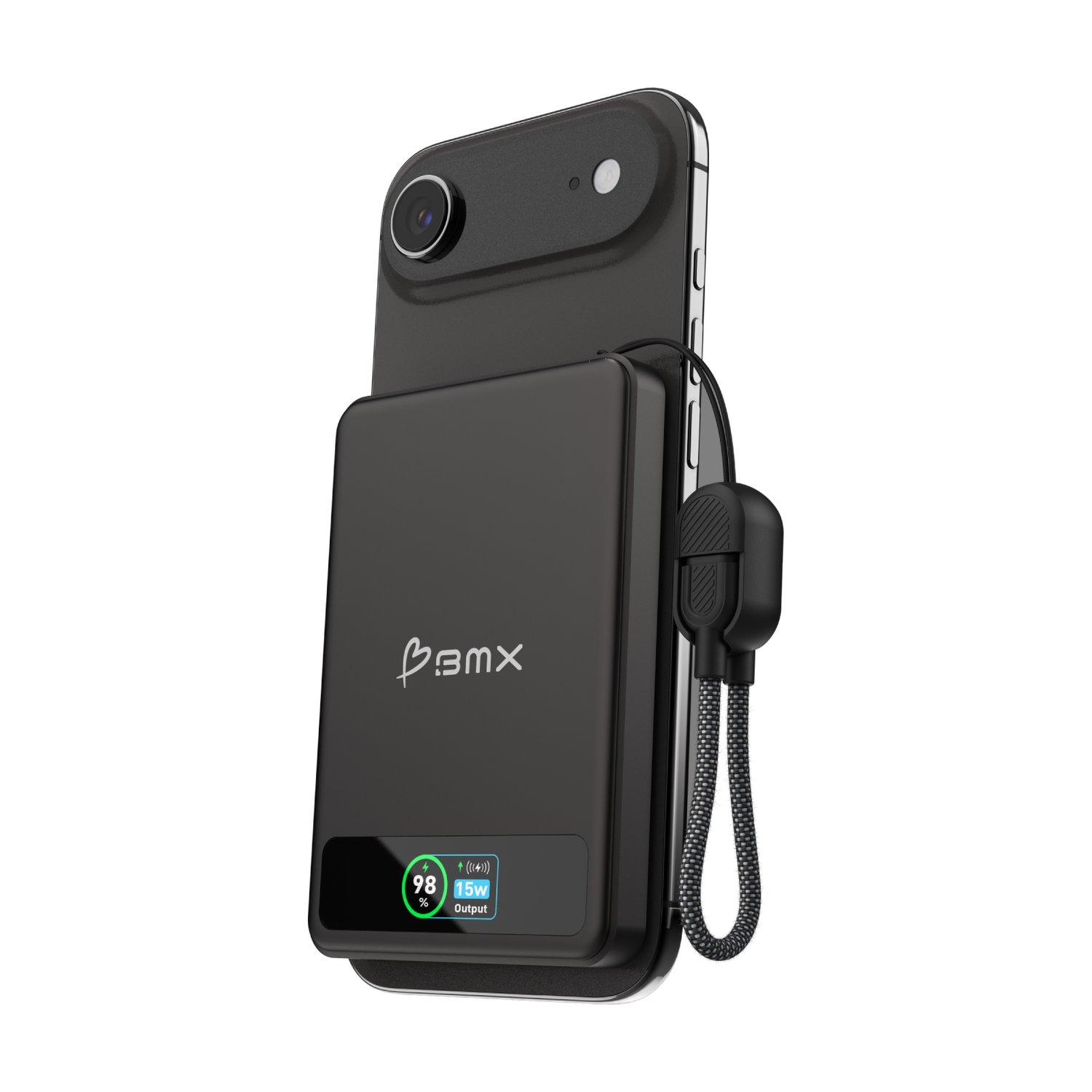 BMX SolidSafe 5K Black -- attached to iPhone via Qi2 magnetic snap, charging wirelessly at 15W