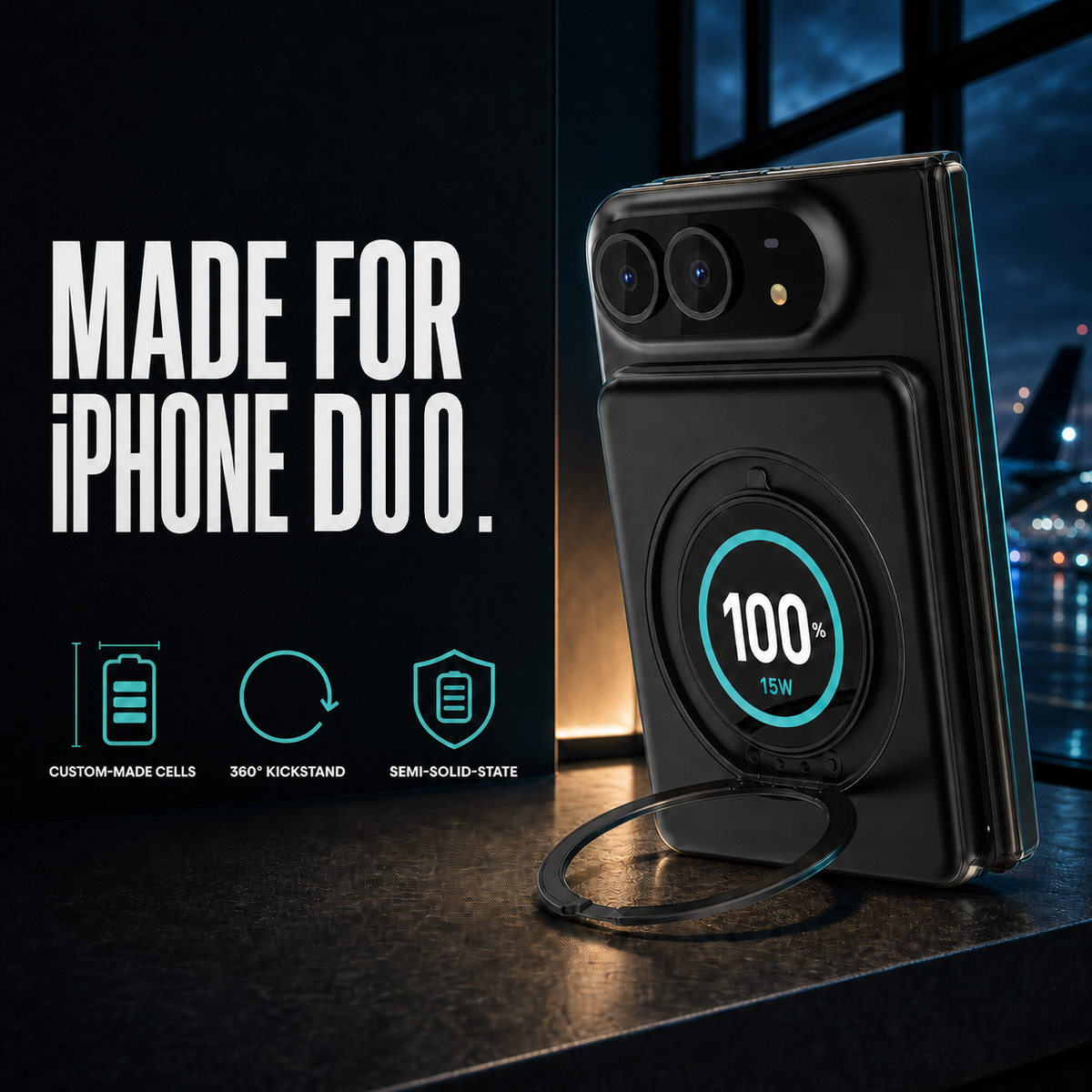 SolidSafe™ Duo made for iPhone Duo with custom-fit cells, rotating stand, and semi-solid-state construction