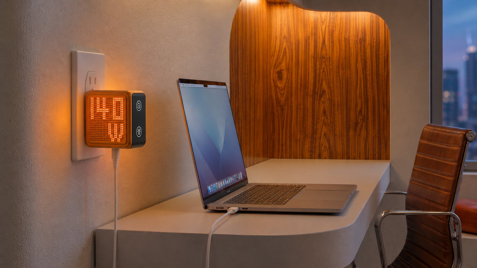 GaNsta Pixel 140W charging a MacBook on a desk
