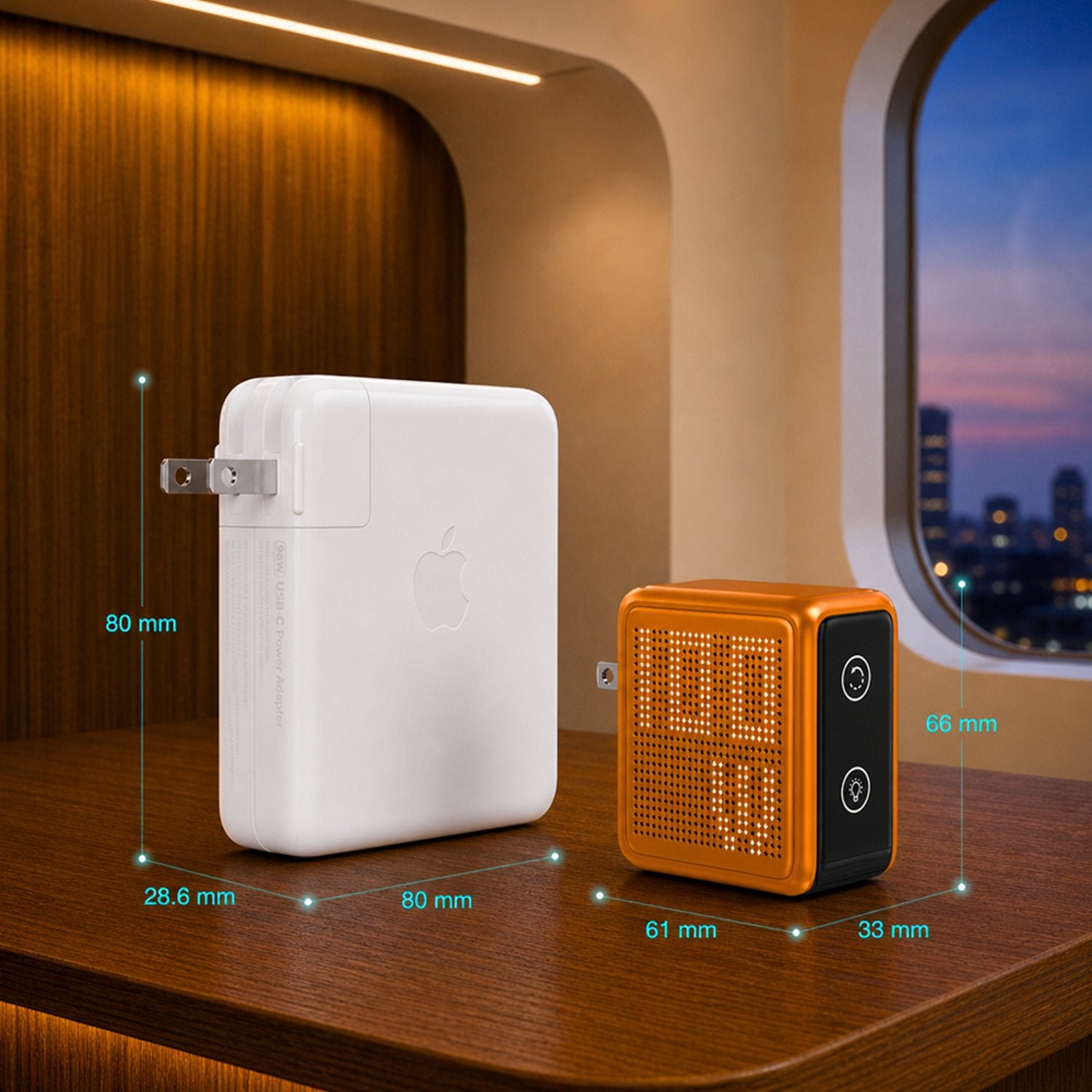 GaNsta Pixel 140W next to the MacBook charger that comes with your device, showing the smaller charger footprint