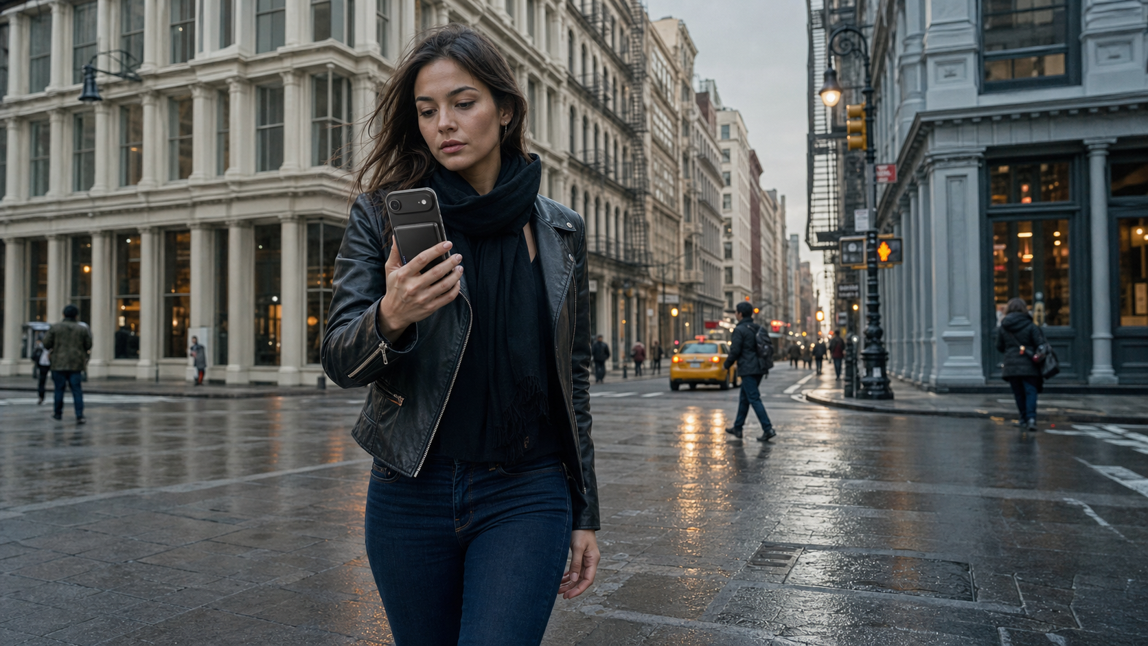 SolidSafe Air carried with a phone in New York at blue hour