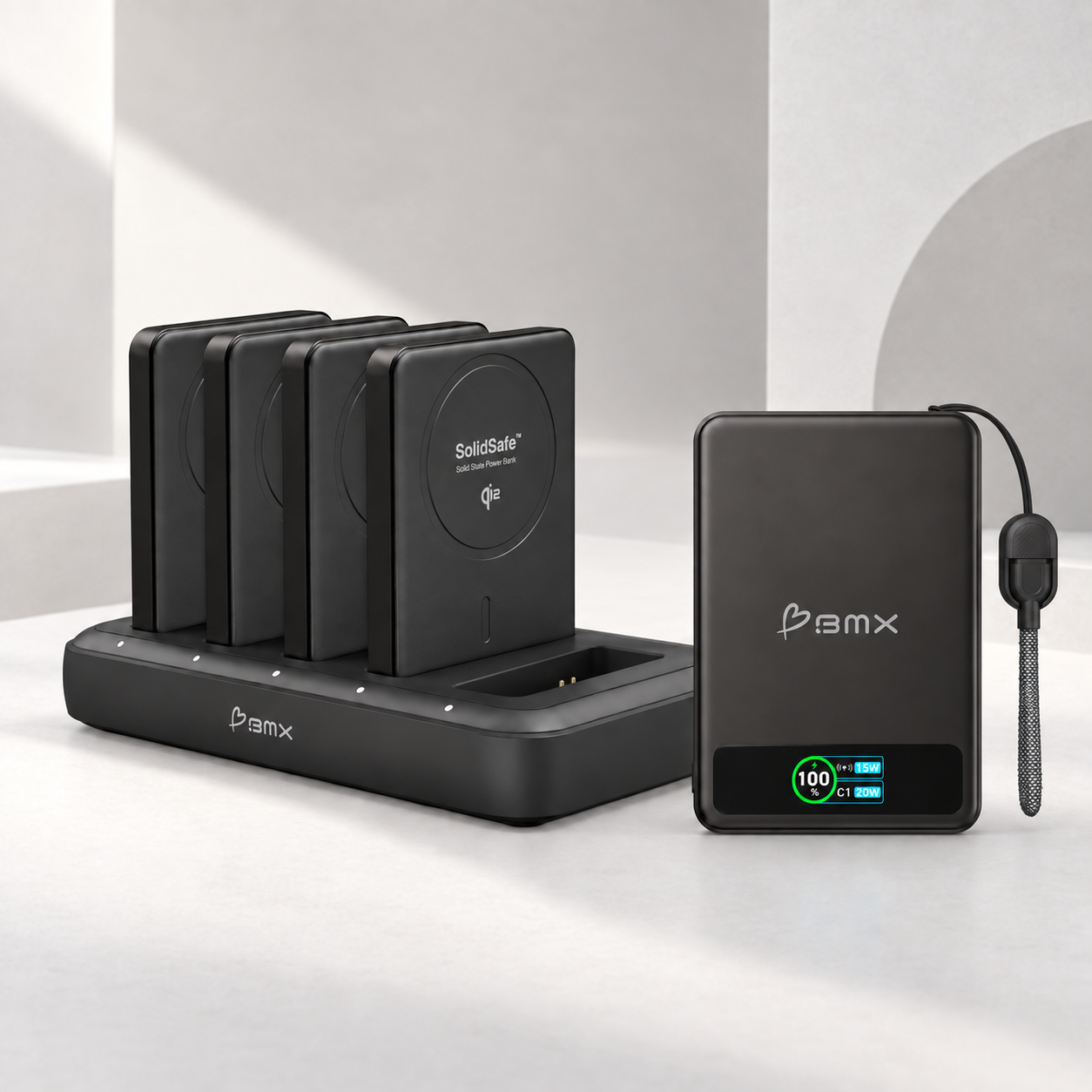 Five SolidSafe 5K power banks with a five-bay charging dock