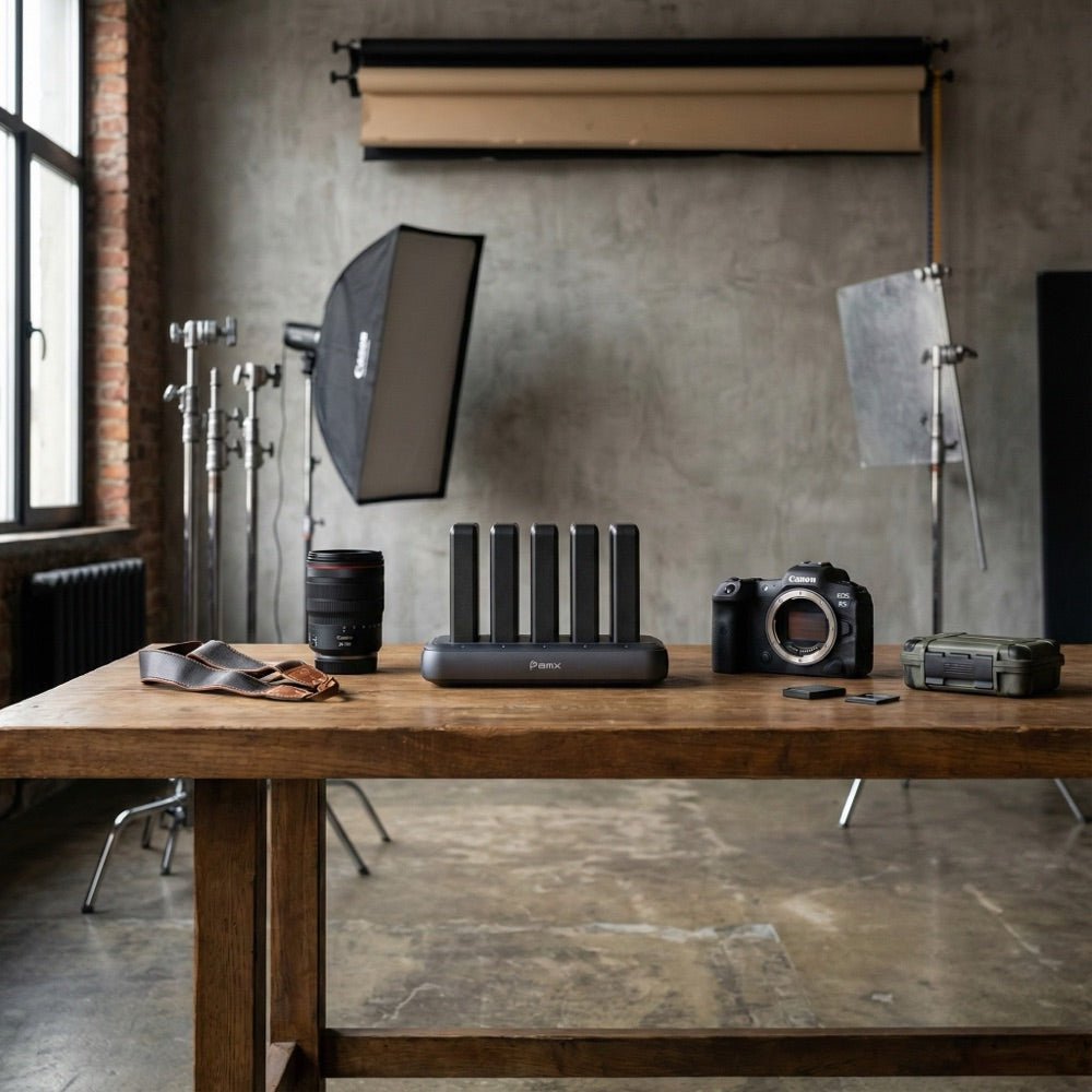 Five-bay SolidSafe charging system in a photo studio