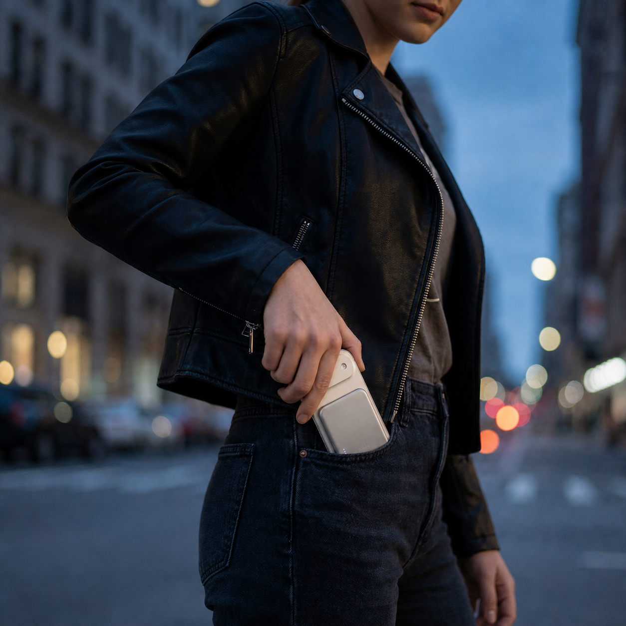 SolidSafe™ Air 5K attached to a phone and sliding into a jeans pocket