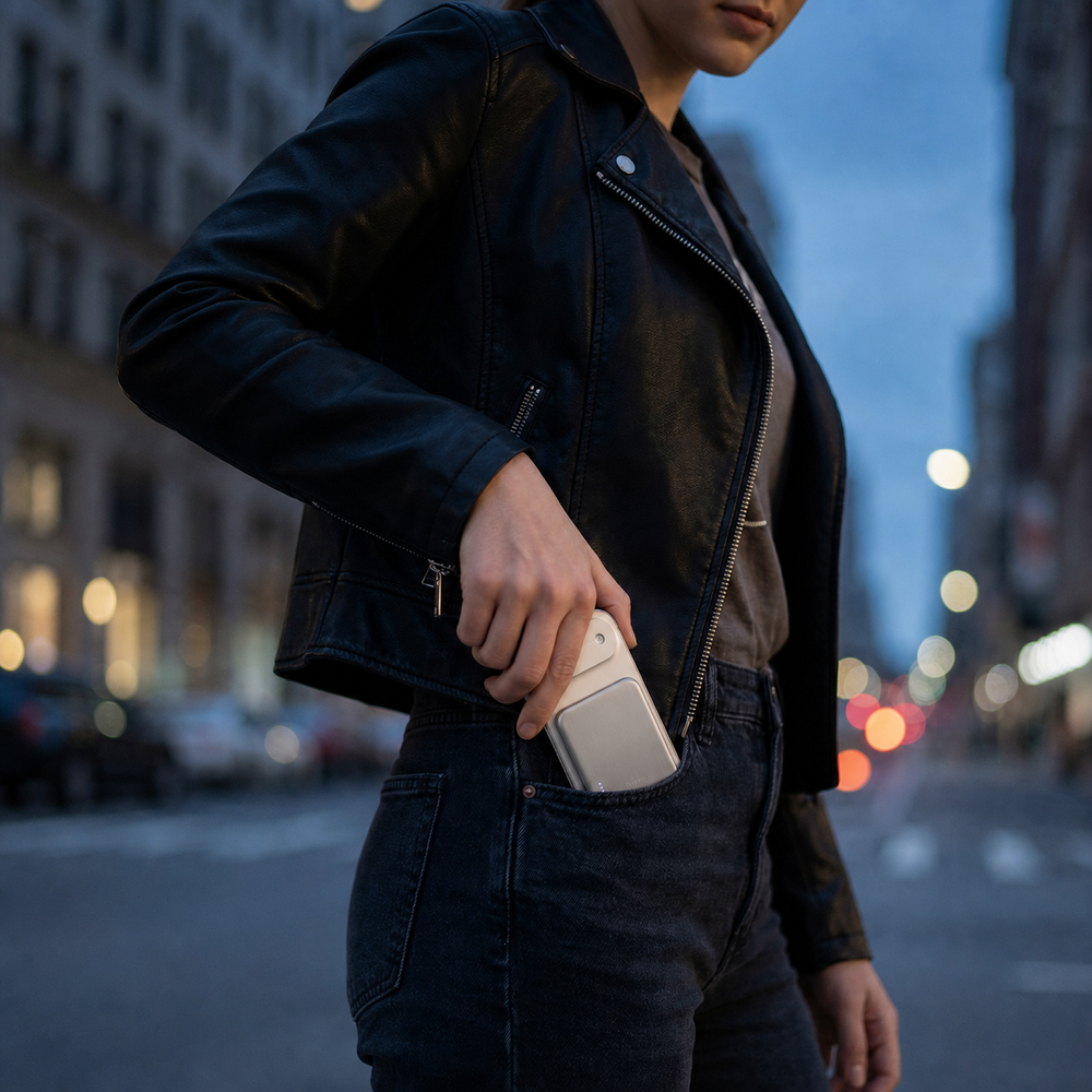 SolidSafe™ Air 5K attached to a phone and sliding into a jeans pocket
